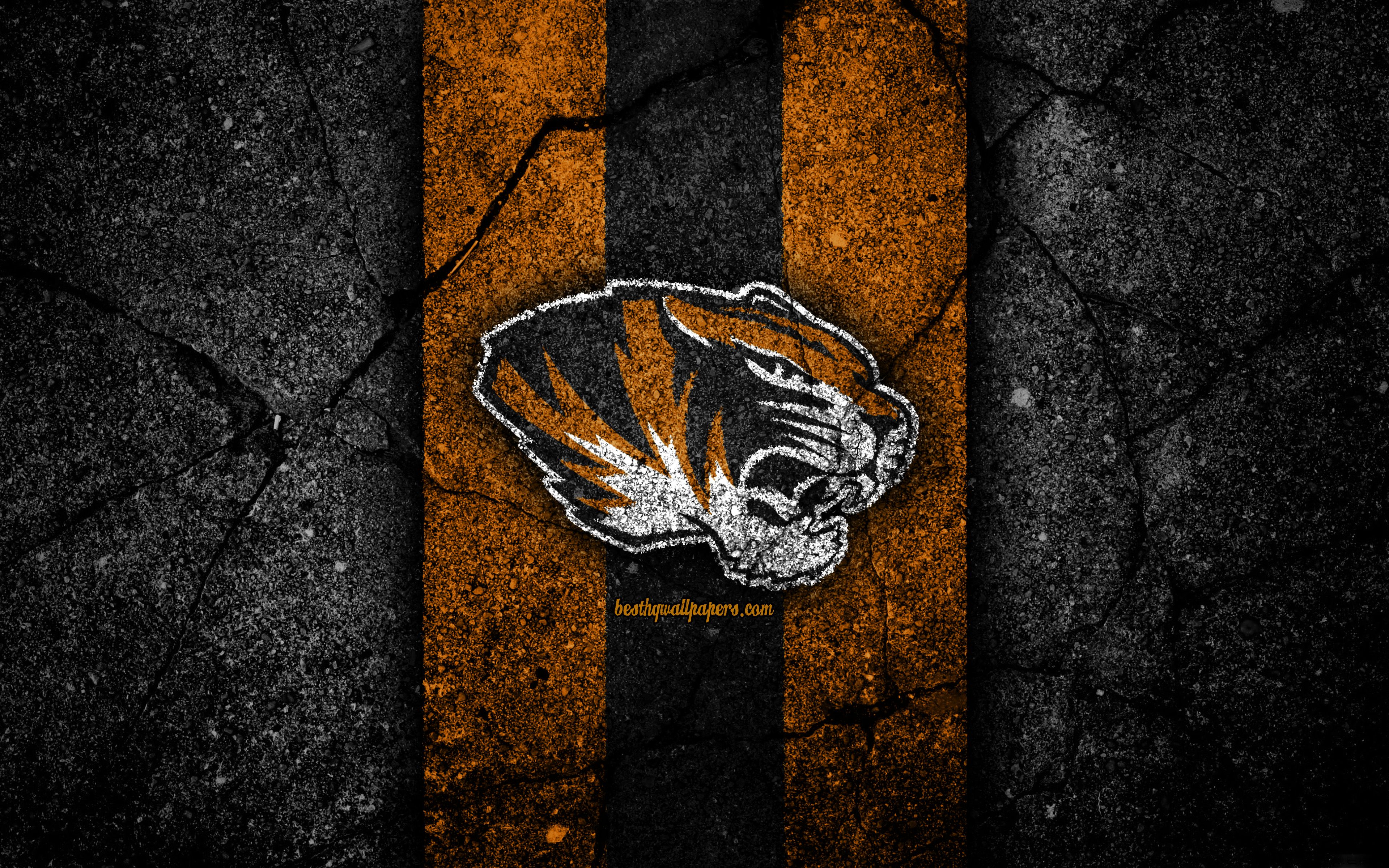 Download wallpaper Missouri Tigers, 4k, american football team, NCAA, orange black stone, USA, asphalt texture, american football, Missouri Tigers logo for desktop with resolution 3840x2400. High Quality HD picture wallpaper