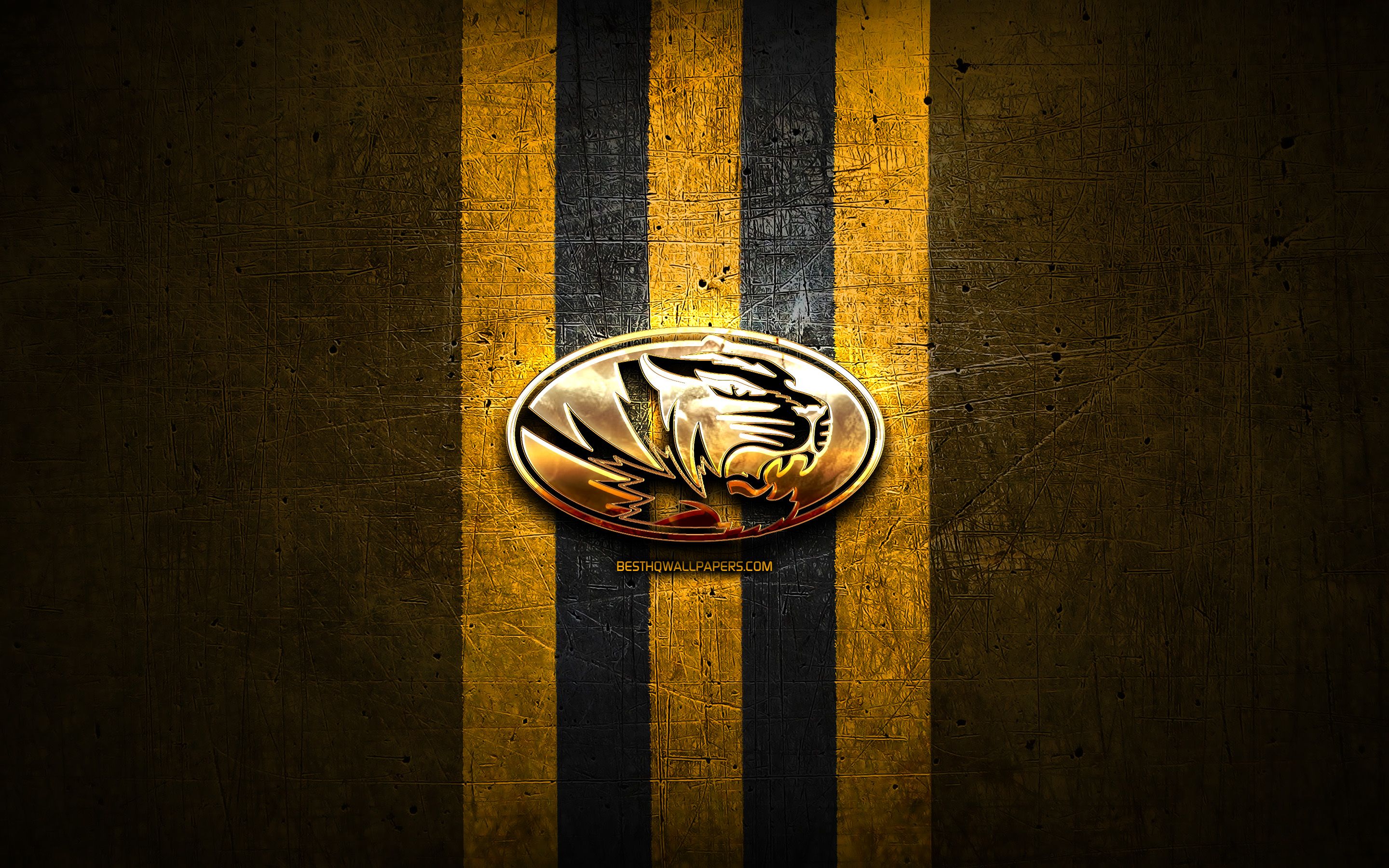 Download wallpaper Missouri Tigers, golden logo, NCAA, yellow metal background, american football club, Missouri Tigers logo, american football, USA for desktop with resolution 2880x1800. High Quality HD picture wallpaper