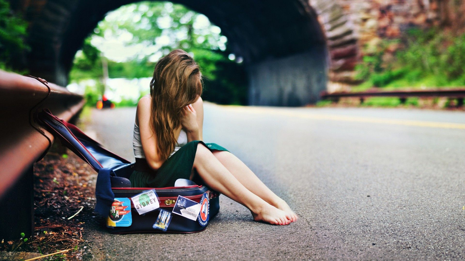 Wallpaper, women outdoors, model, legs, sitting, road, dress, fashion, spring, suitcase, color, girl, beauty, season, woman, photograph, portrait photography, photo shoot 1920x1080