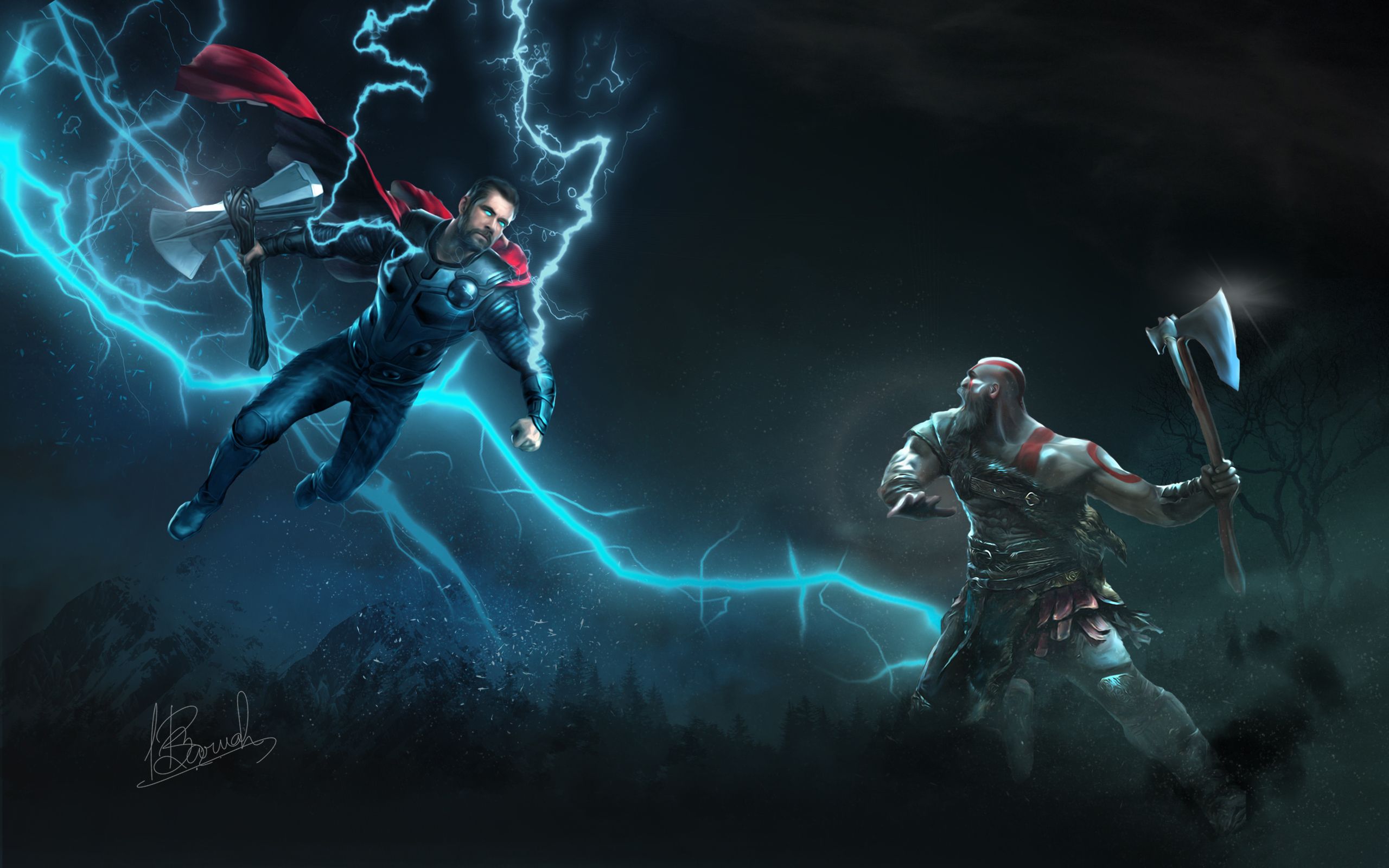 thor, kratos, hd, superheroes, artwork, digital art