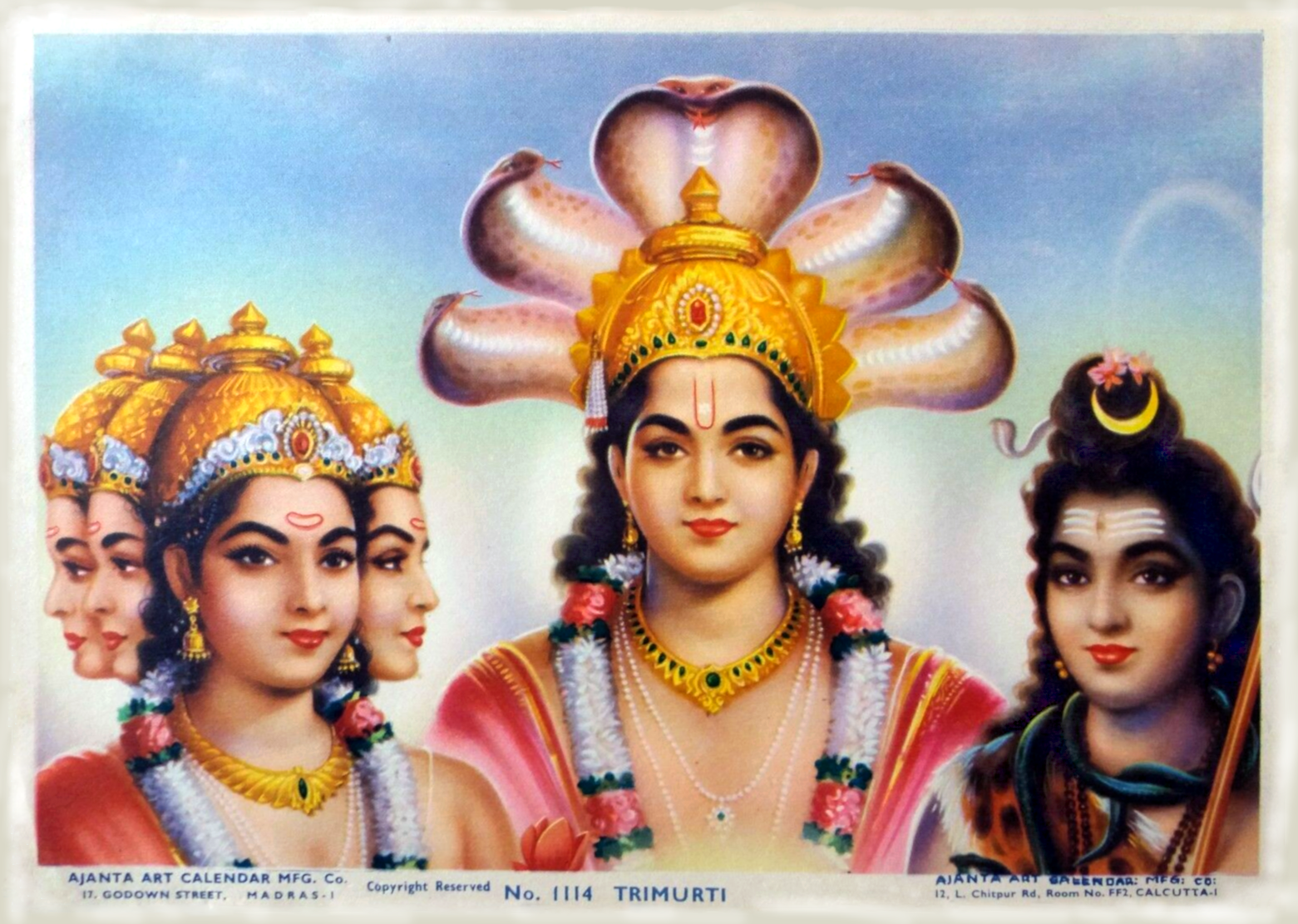 Trimurti. Old Print. Lord shiva family, Bal hanuman, Hindu deities