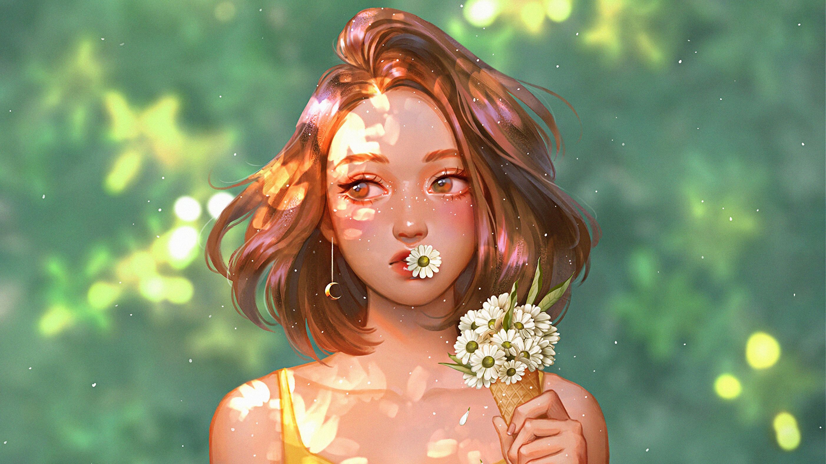 Girl With Daisy Flowers, HD Artist, 4k Wallpaper, Image, Background, Photo and Picture