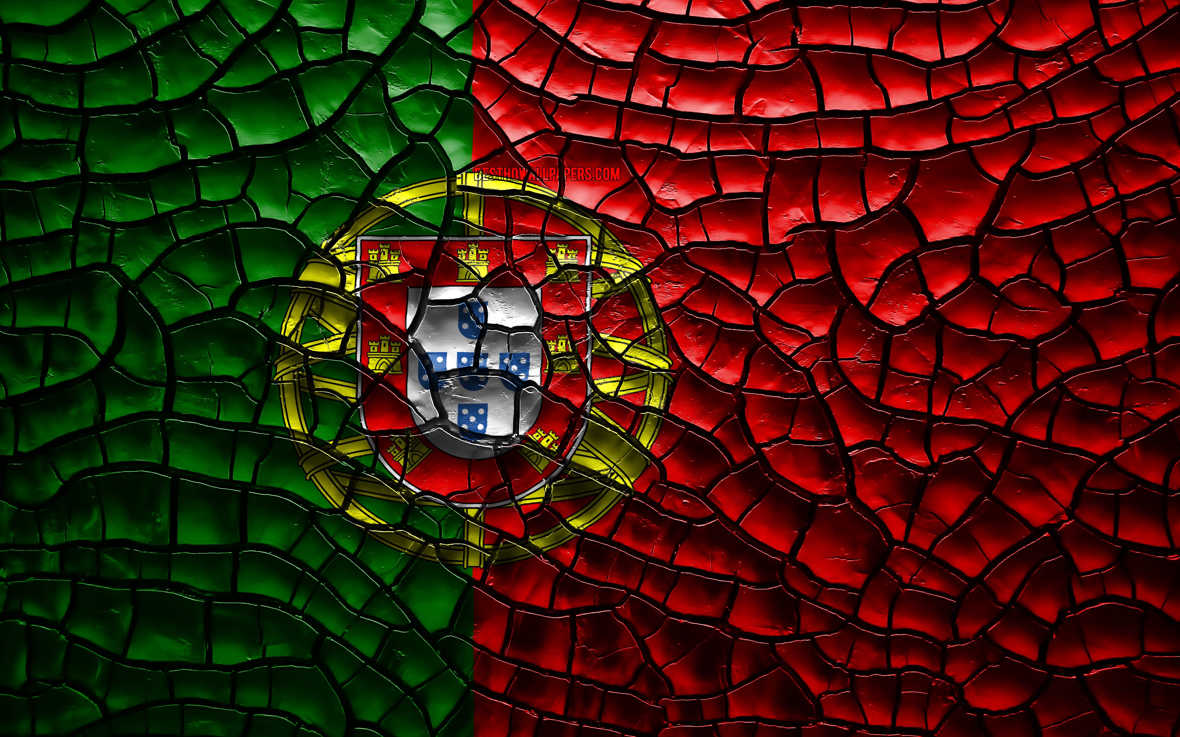 Download wallpaper Flag of Portugal, 4k, cracked soil, Europe, Portuguese flag, 3D art, Portugal, European countries, national symbols, Portugal 3D flag for desktop with resolution 3840x2400. High Quality HD picture wallpaper