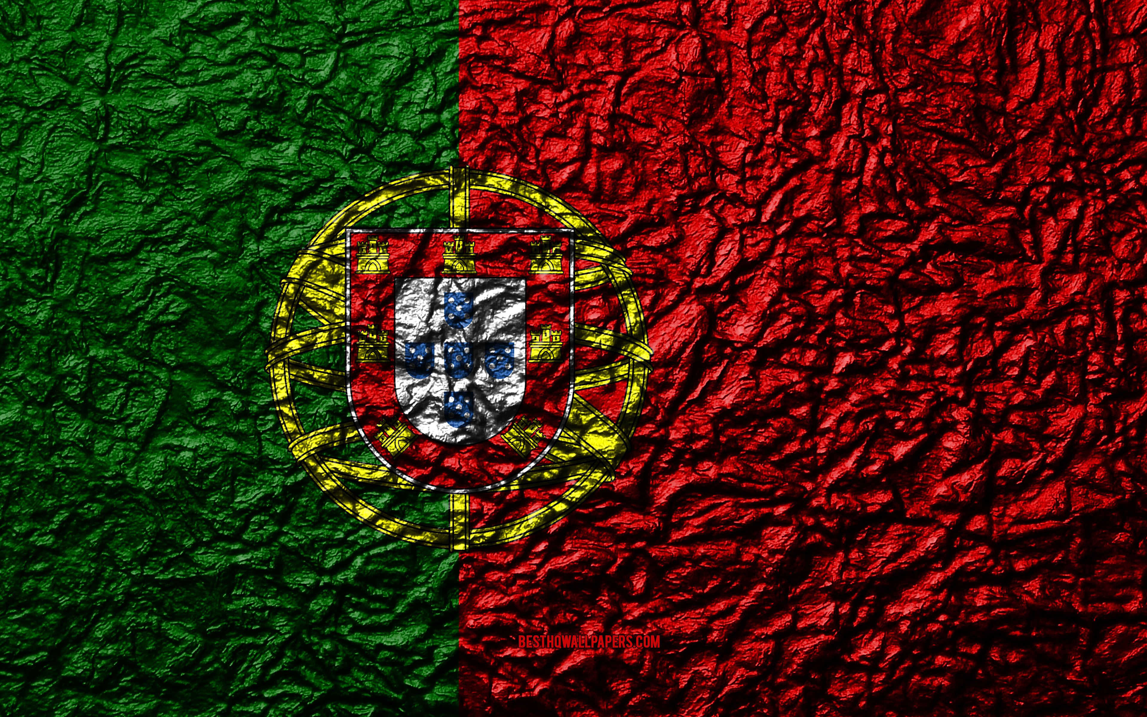 Download wallpaper Flag of Portugal, 4k, stone texture, waves texture, Portuguese flag, national symbol, Portugal, Europe, stone background for desktop with resolution 3840x2400. High Quality HD picture wallpaper