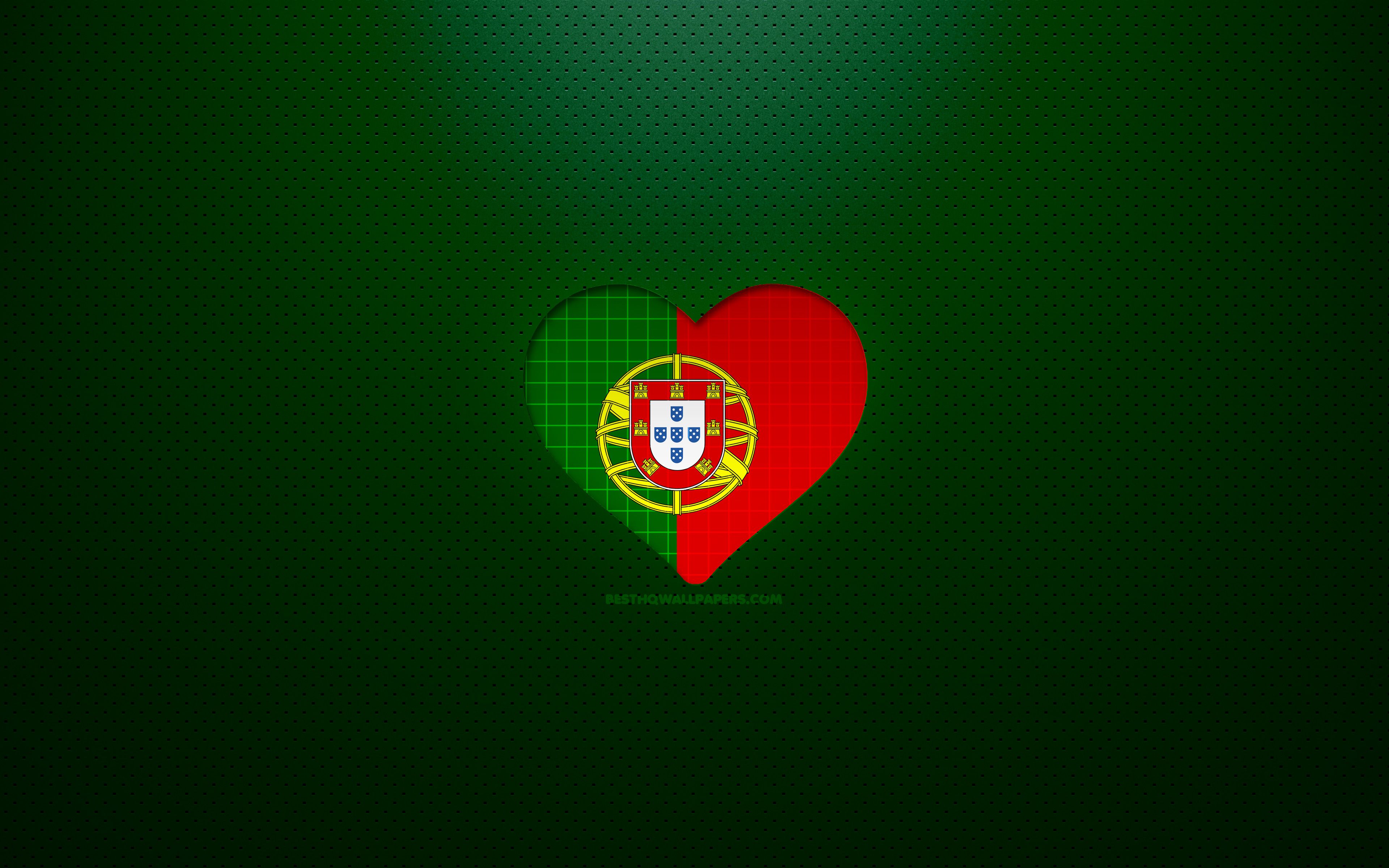 Download wallpaper I Love Portugal, 4k, Europe, green dotted background, Portuguese flag heart, Portugal, favorite countries, Love Portugal, Portuguese flag for desktop with resolution 3840x2400. High Quality HD picture wallpaper