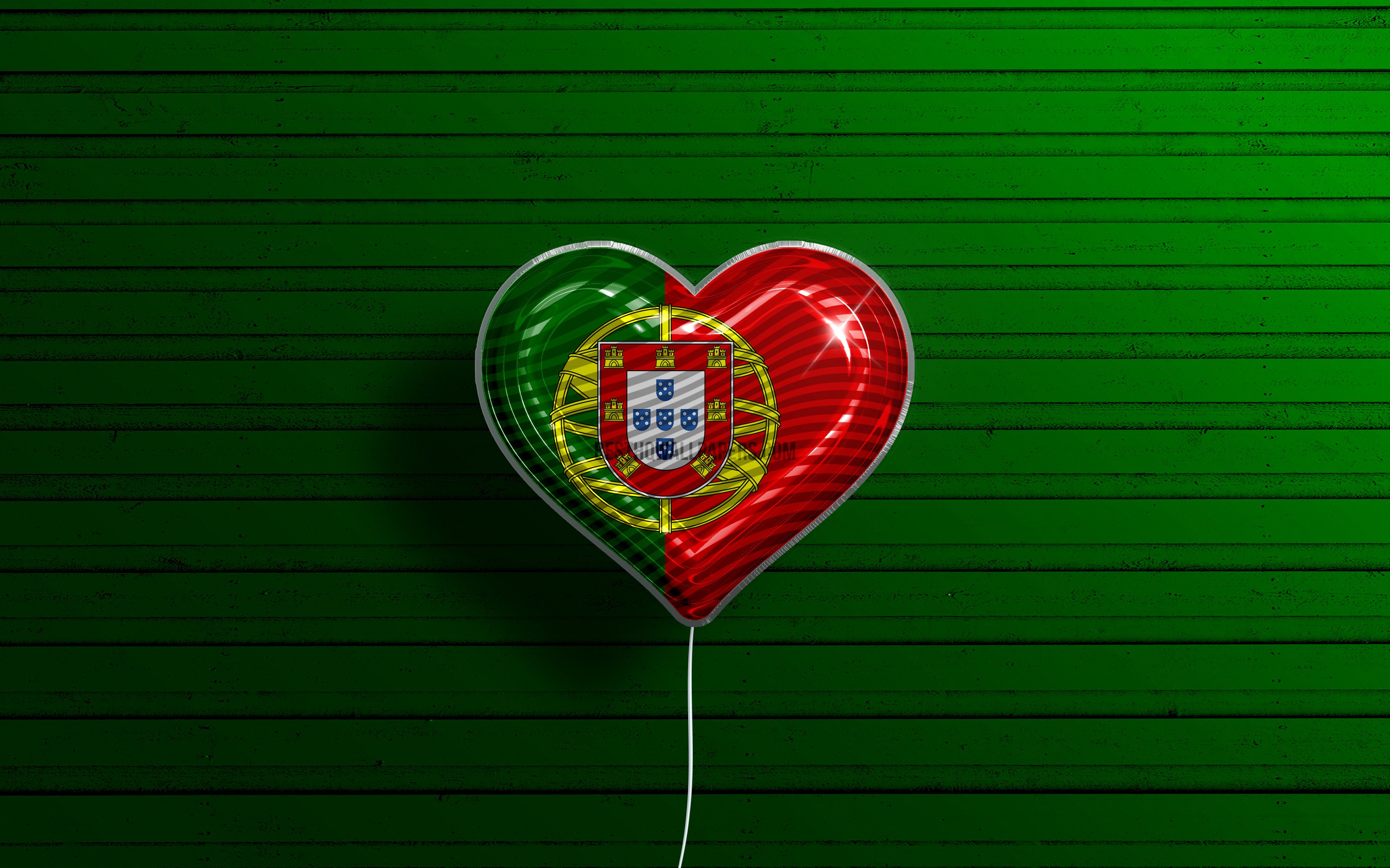 Download wallpaper I Love Portugal, 4k, realistic balloons, green wooden background, Portuguese flag heart, Europe, favorite countries, flag of Portugal, balloon with flag, Portuguese flag, Portugal, Love Portugal for desktop with resolution