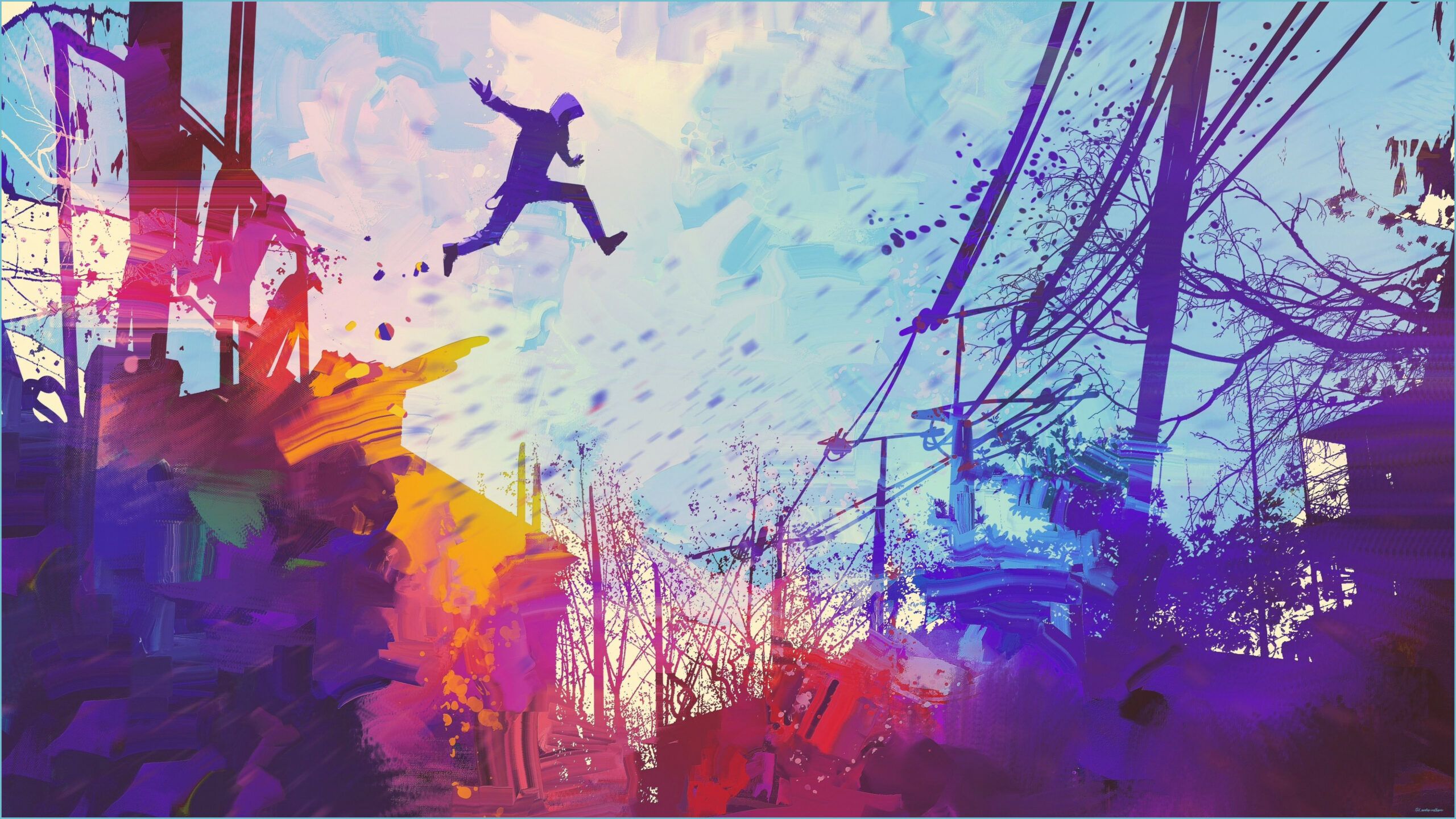 Man Jumping Roof Abstract Illustration Painting 14k Painting Paintings Wallpaper