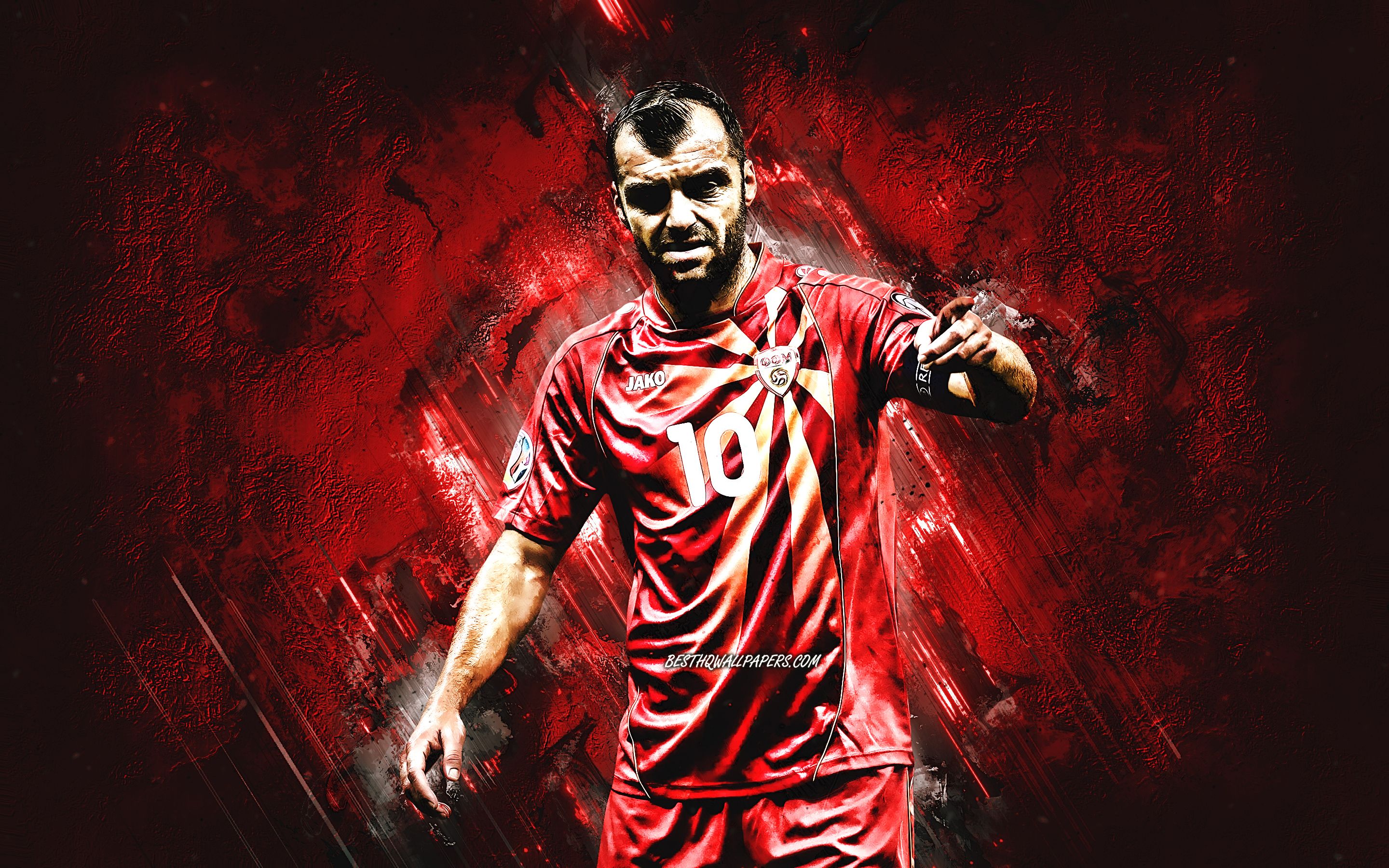 Download wallpaper Goran Pandev, Macedonian footballer, North Macedonia national football team, red stone background, football, North Macedonia for desktop with resolution 2880x1800. High Quality HD picture wallpaper