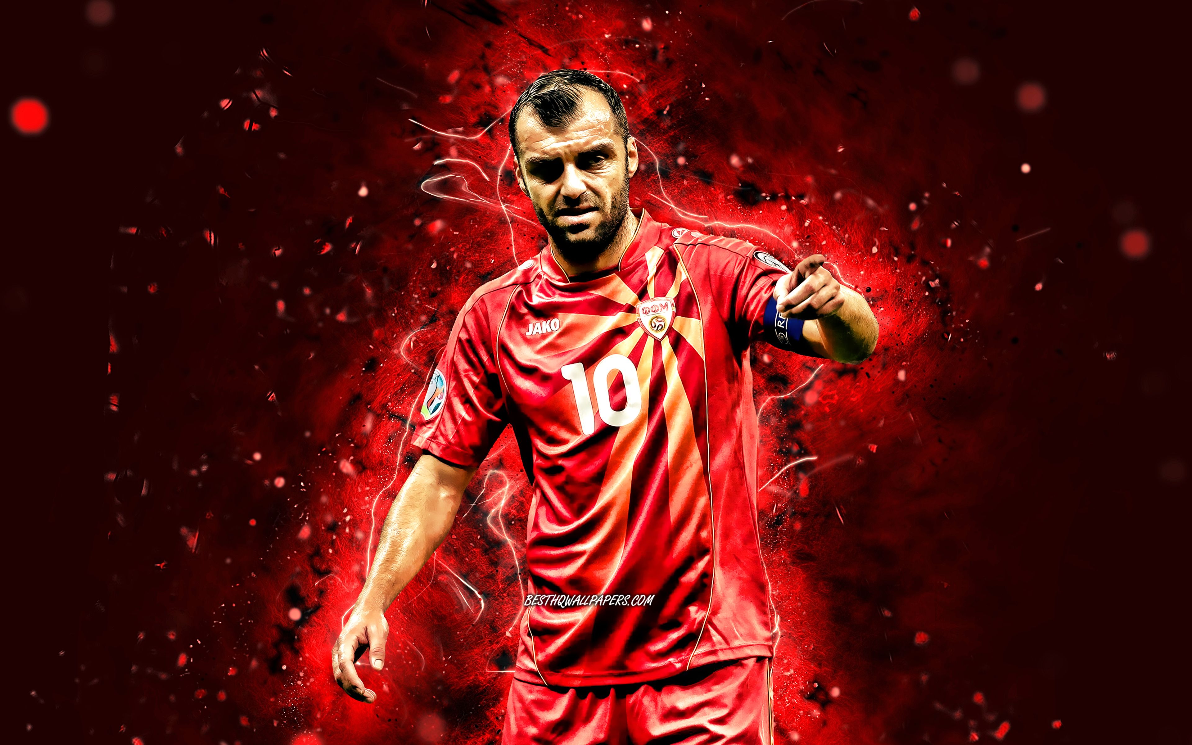 Download wallpaper Goran Pandev, 4k, North Macedonia National Team, soccer, footballers, red neon lights, Macedonian football team, Goran Pandev 4K for desktop with resolution 3840x2400. High Quality HD picture wallpaper
