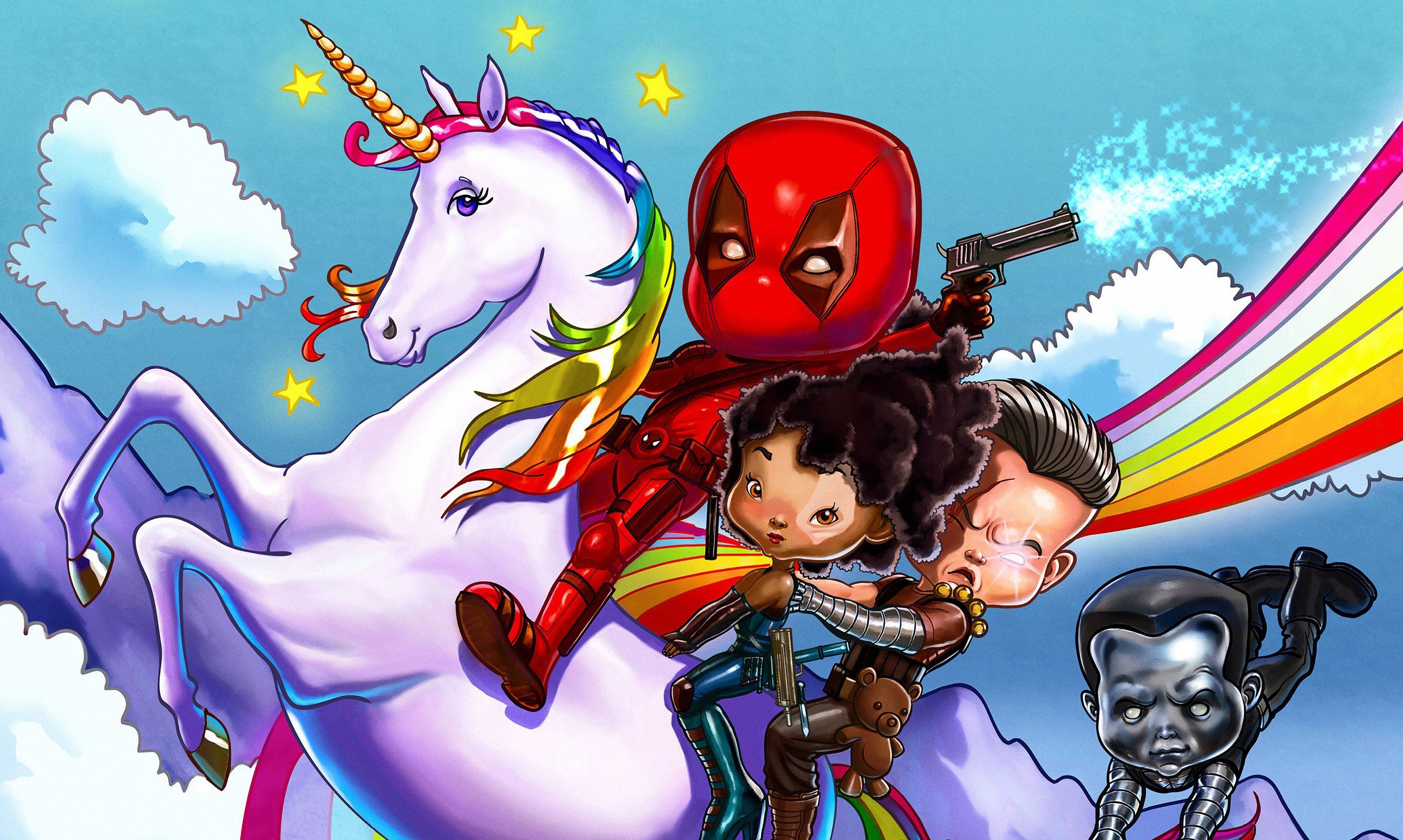 Wallpaper, Deadpool 2, Wade Wilson, colossus, Cable, fan art, artwork, abstract, Domino, unicorn 3385x2027