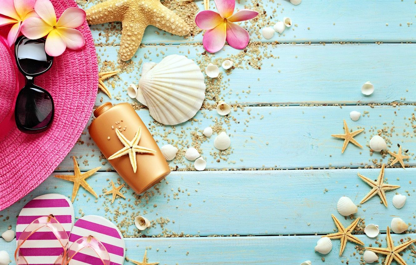 Wallpaper flowers, hat, glasses, shell, starfish, summer, wood, marine, still life, slates, vacation, starfish, accessories, seashells image for desktop, section разное