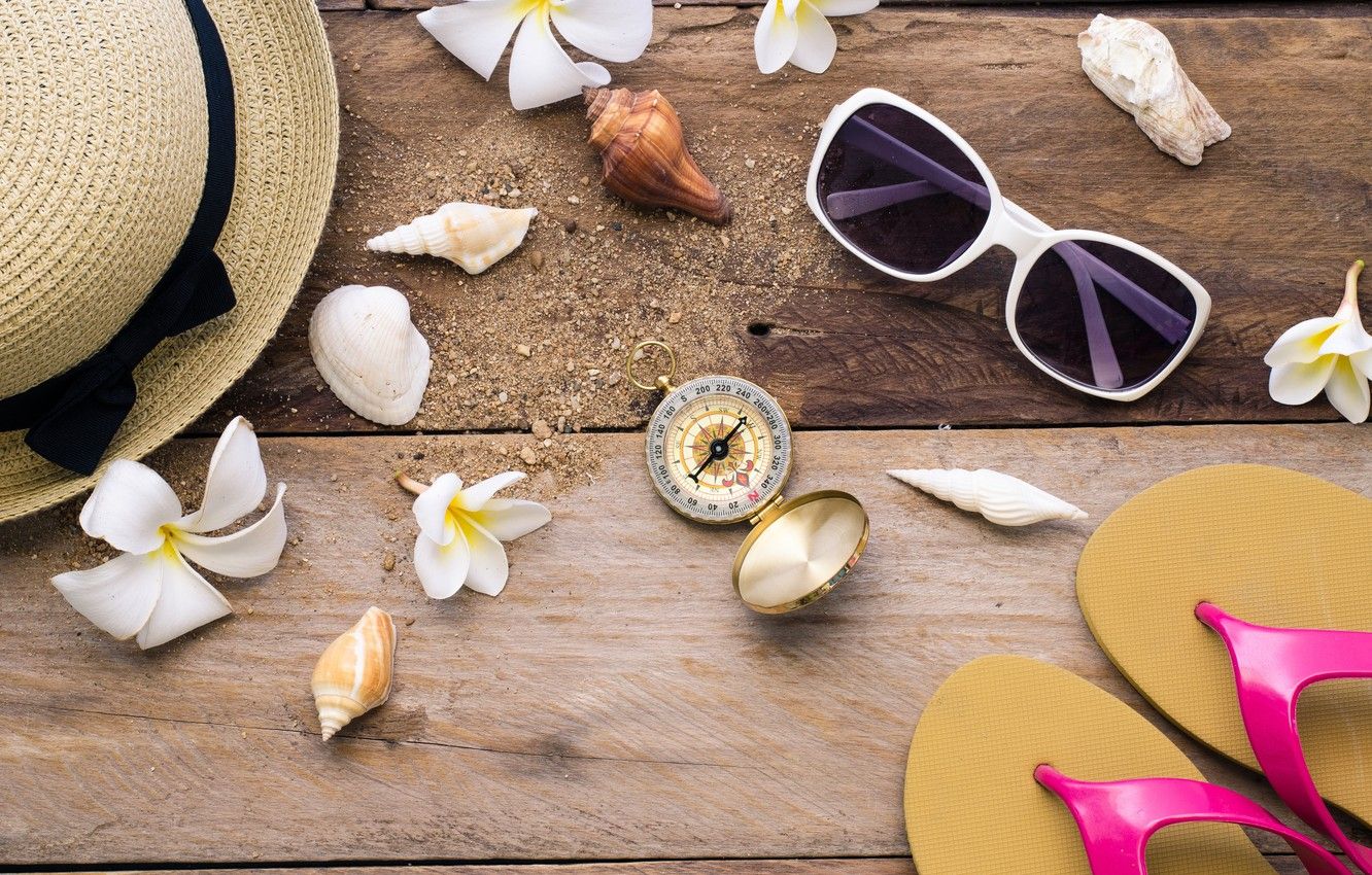 Wallpaper beach, background, Board, hat, glasses, shell, summer, beach, wood, flowers, marine, plumeria, plumeria, seashells image for desktop, section разное