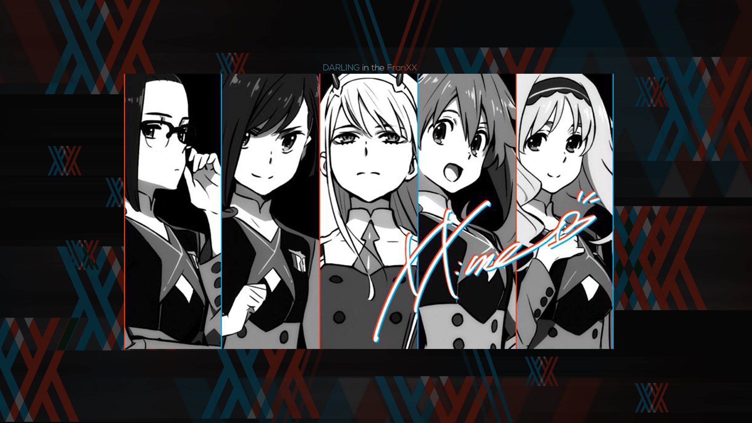 Darling In The FranXX Zero Two Hiro Ichigo Ikuno Kokoro Miku Zero Two With Background Of Black And X HD Anime Wallpaper