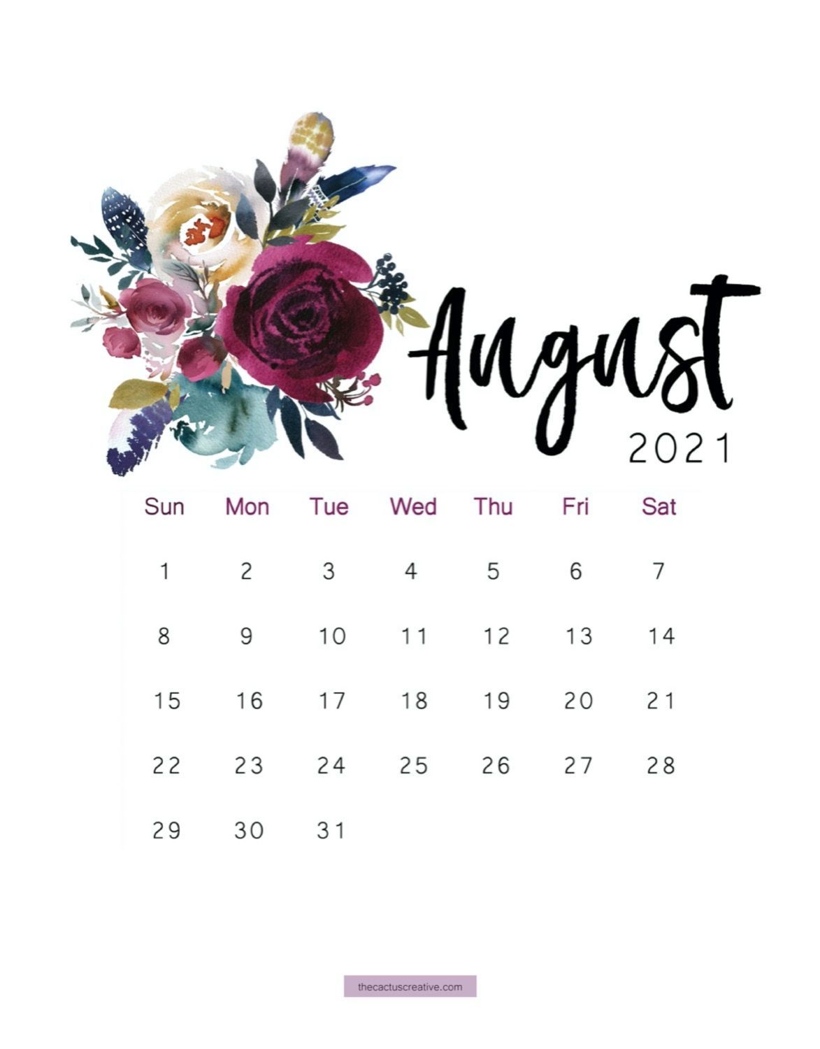 2021 Printable Calendar Floral, Watercolor Calendar, Letter Size, 12 Month Calendar, Monthly Calendar