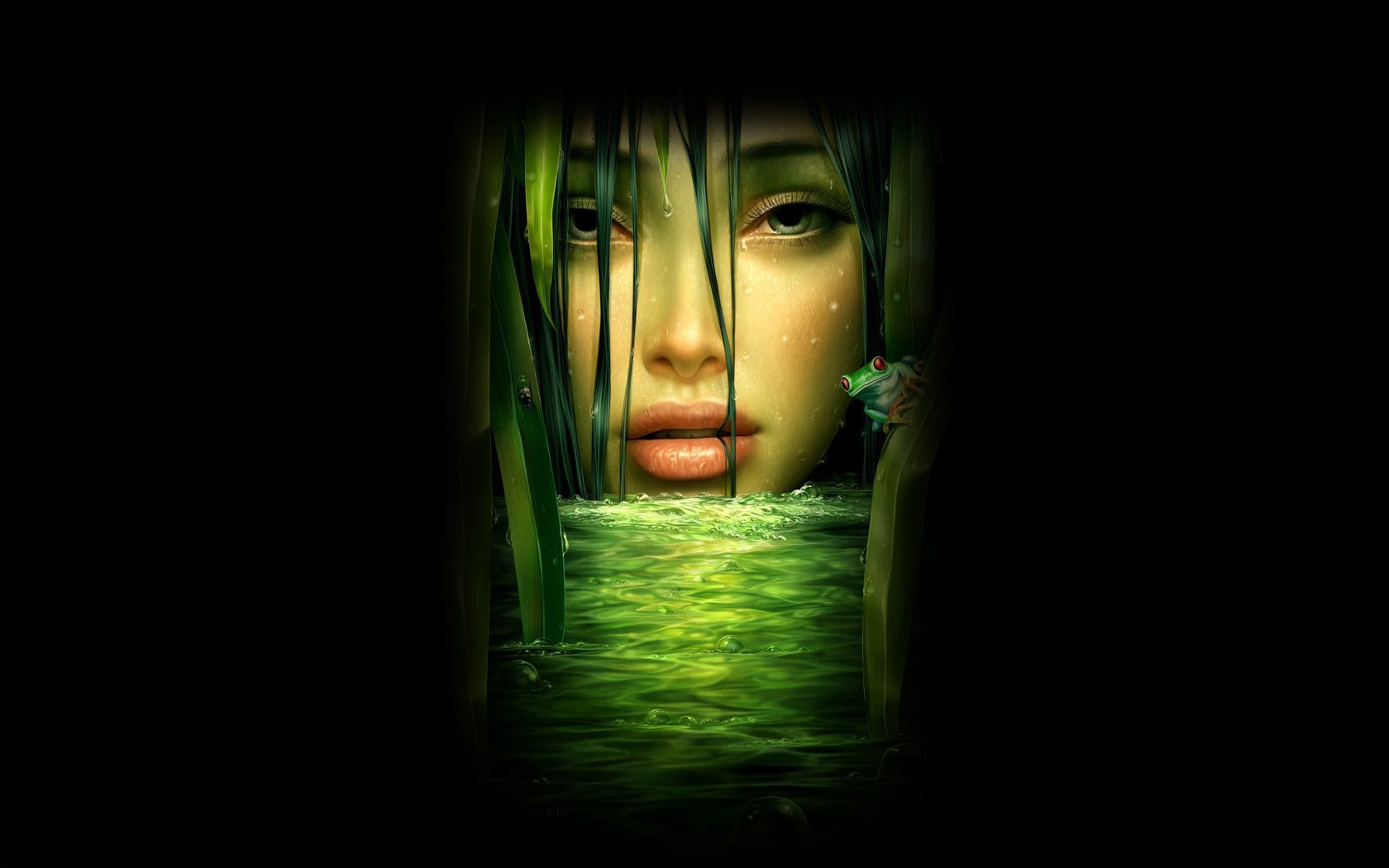 Beautiful Green Girl Face on Black Background. Black background wallpaper, Green girl, Black background