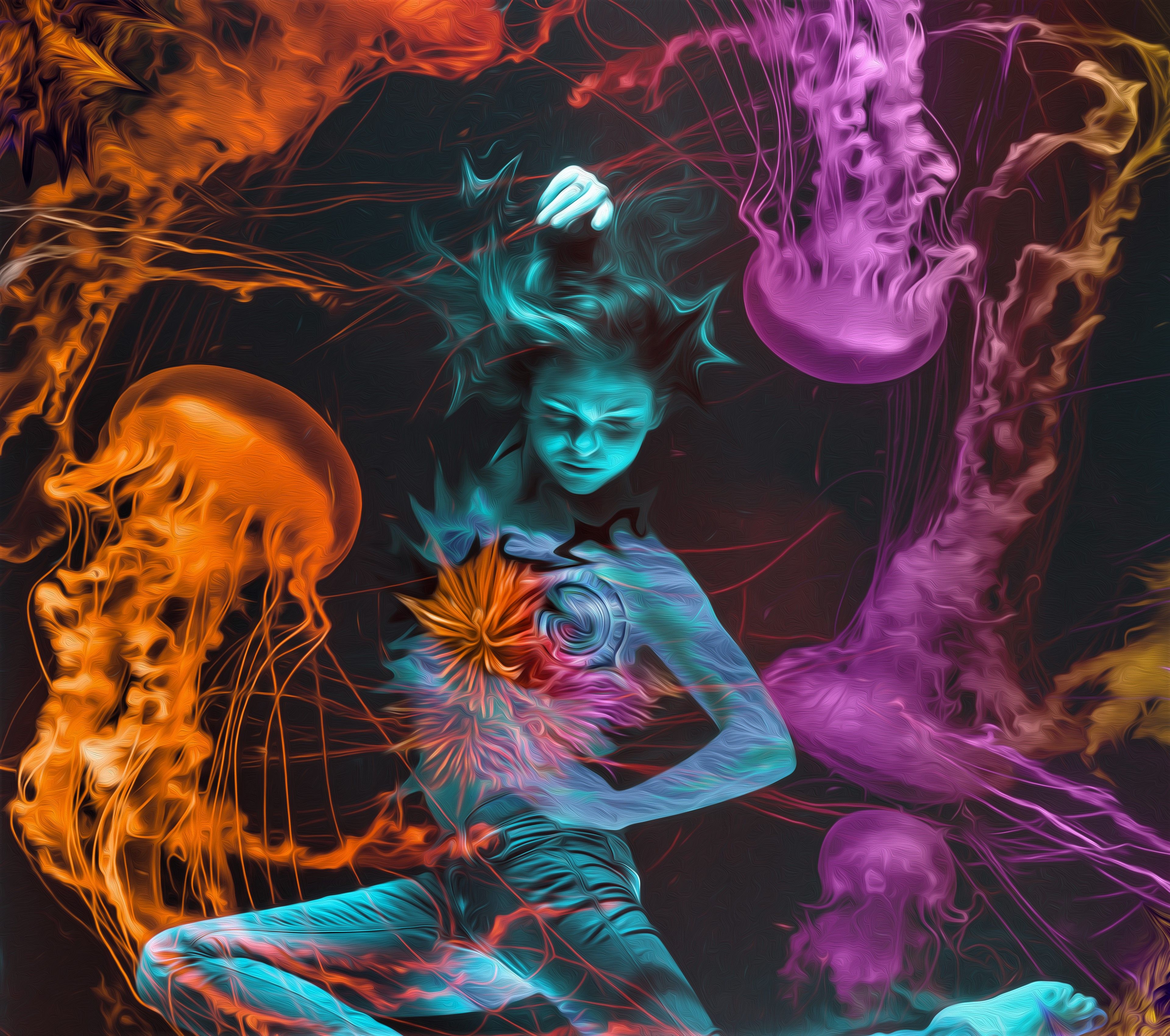 Girl, Woman, Artistic, Underwater, Jellyfish, Oil Painting wallpaper