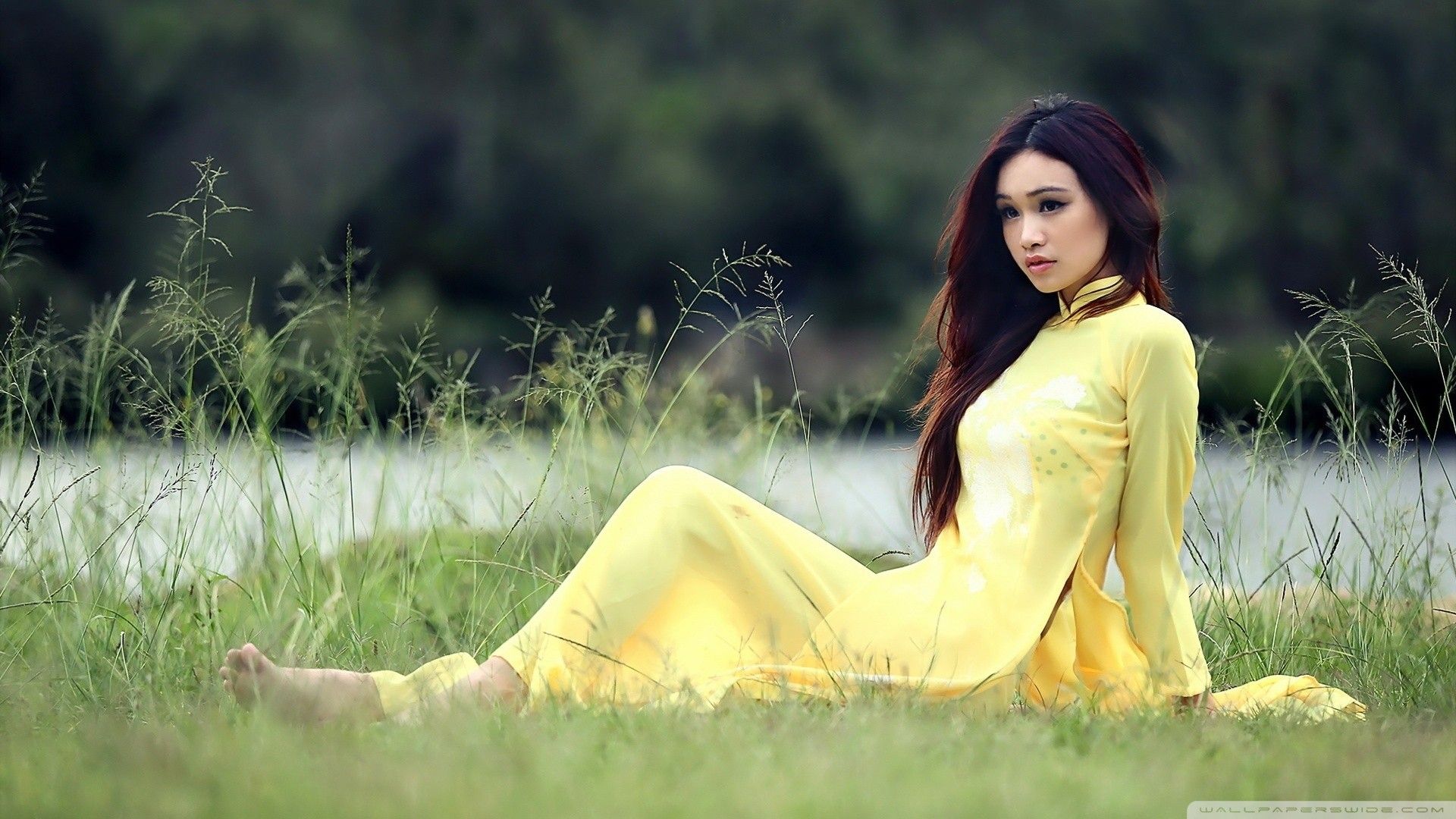 Wallpaper, sunlight, women outdoors, model, long hair, nature, barefoot, grass, Asian, green, yellow dress, Person, skin, romance, flower, girl, beauty, woman, photograph, meadow, lawn, portrait photography, photo shoot, abdomen 1920x1080