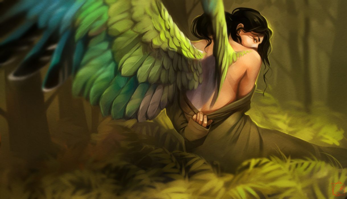 Wings women topless green fantasy art wallpaperx2551