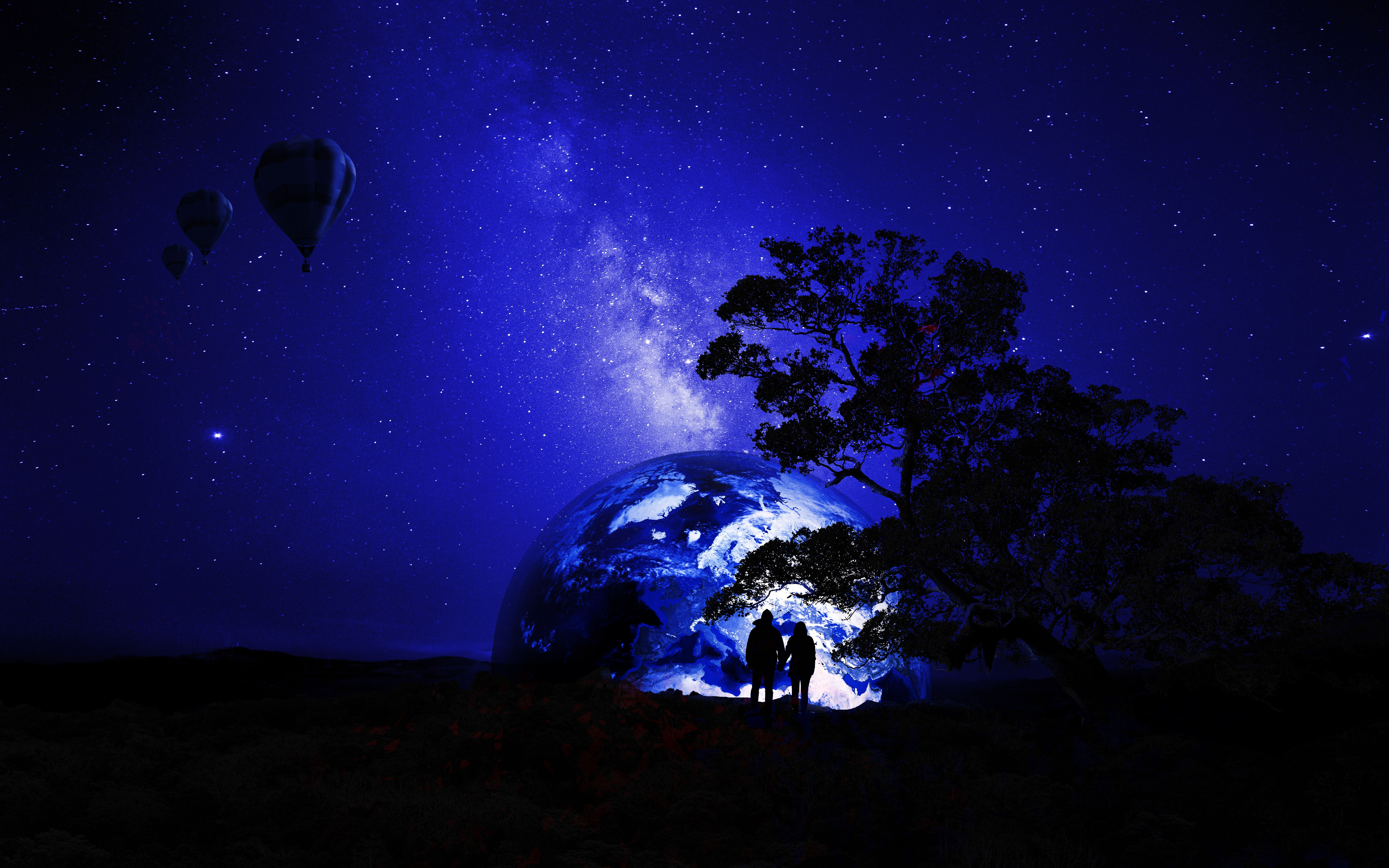 Couple 4K Wallpaper, Dream, Earth, Night, Silhouette, Together, Romantic, Starry sky, Fantasy