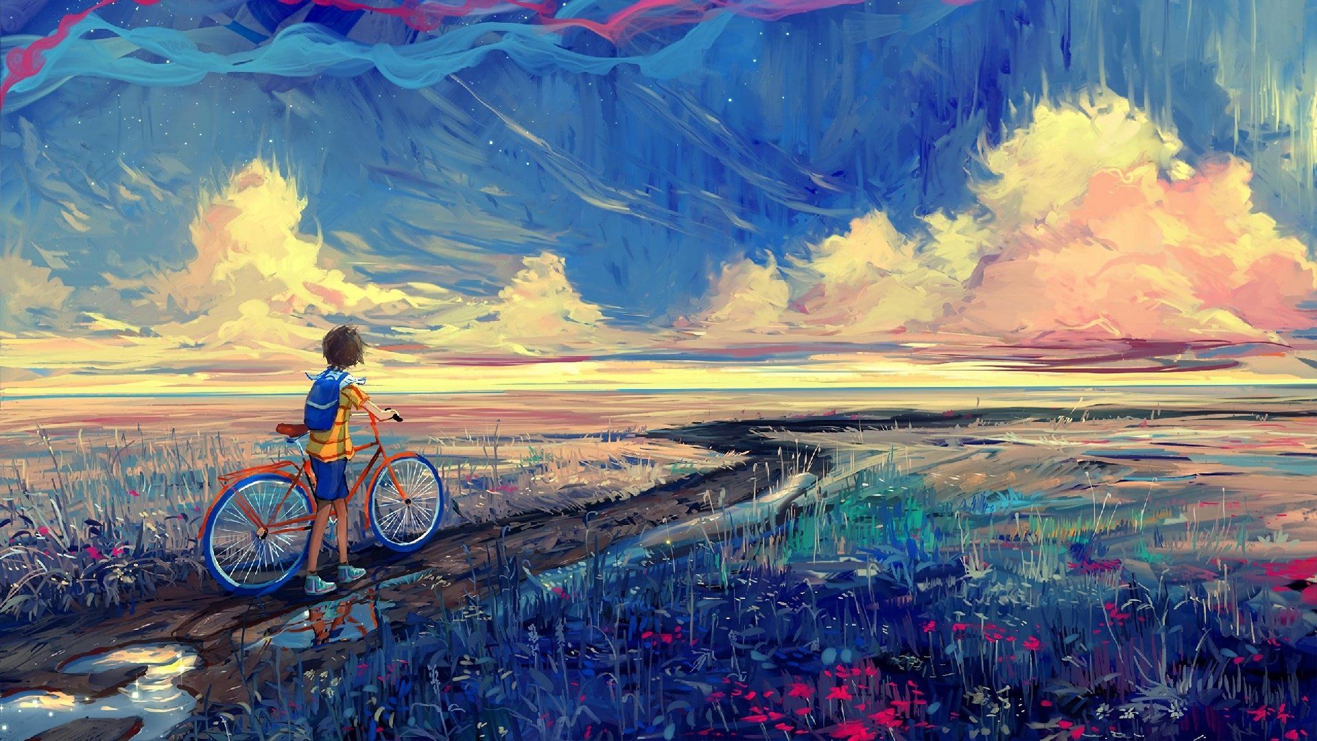 Boy and his Bike in Fantasy Landscape HD Wallpaper