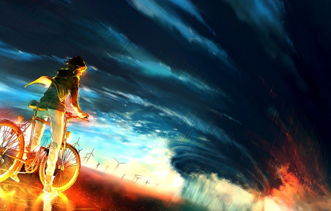 Wallpaper the sky, bike, background, fire, storm, anime, fire, guy, storm, anime, boy, colour, epic image for desktop, section сёнэн