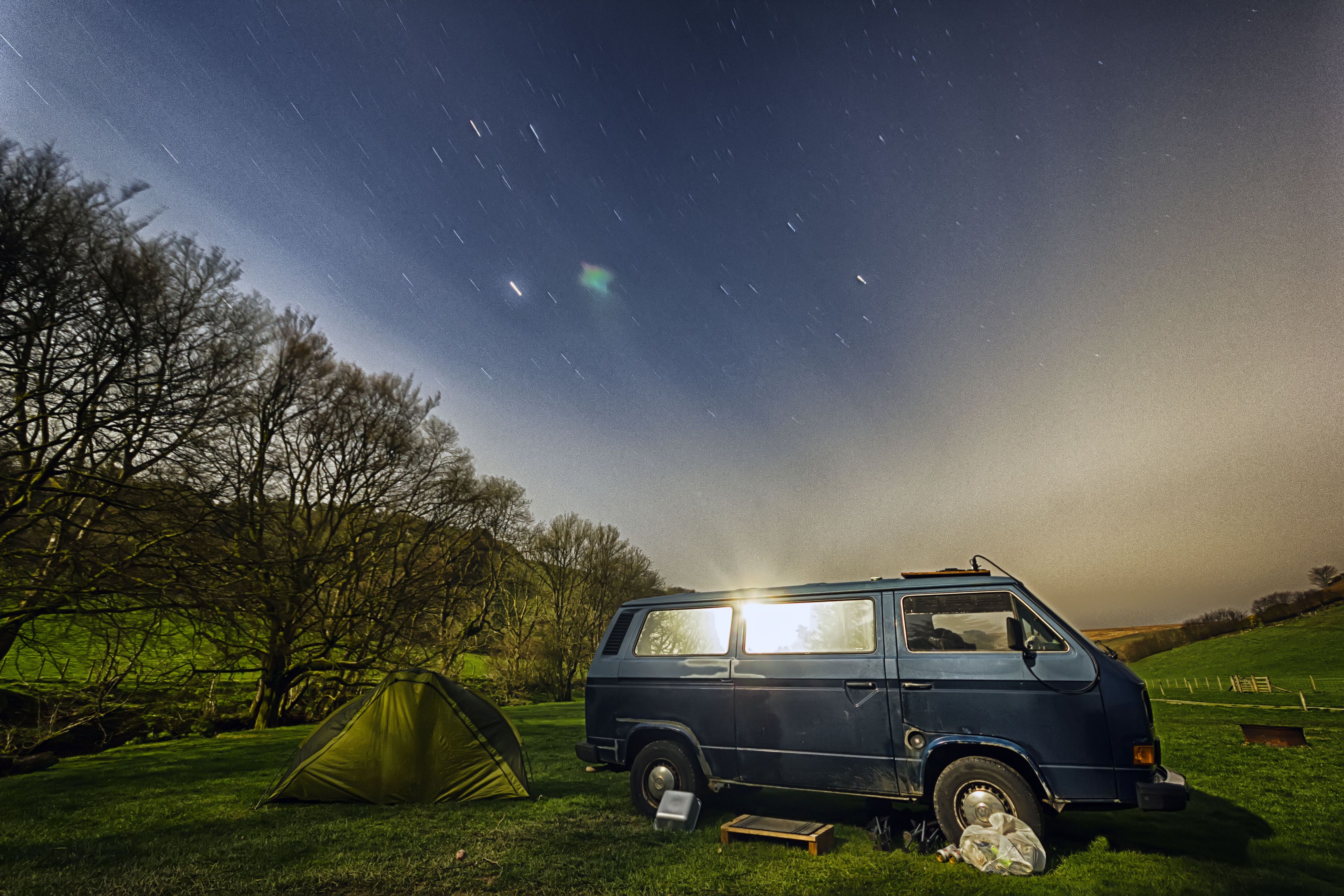 Wallpaper, sunlight, landscape, night, nature, grass, sky, vehicle, Volkswagen, evening, HDR, longexposure, tree, nightphotography, darkness, vw, atmosphere of earth, woody plant, automotive design, compact car, city car, t3, phenomenon, exmoor, t25