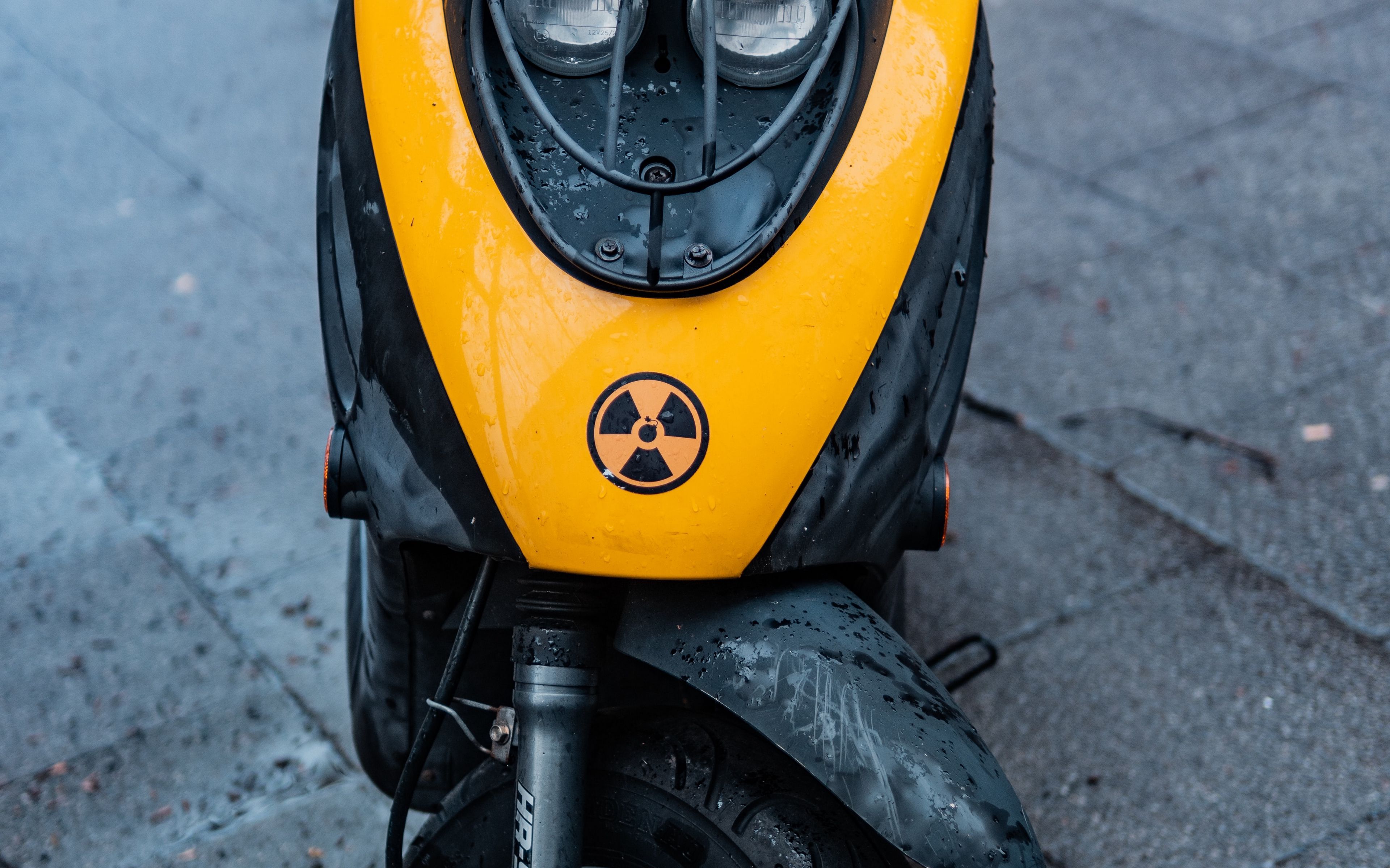 Download wallpaper 3840x2400 moped, scooter, yellow, wet, front view 4k ultra HD 16:10 HD background