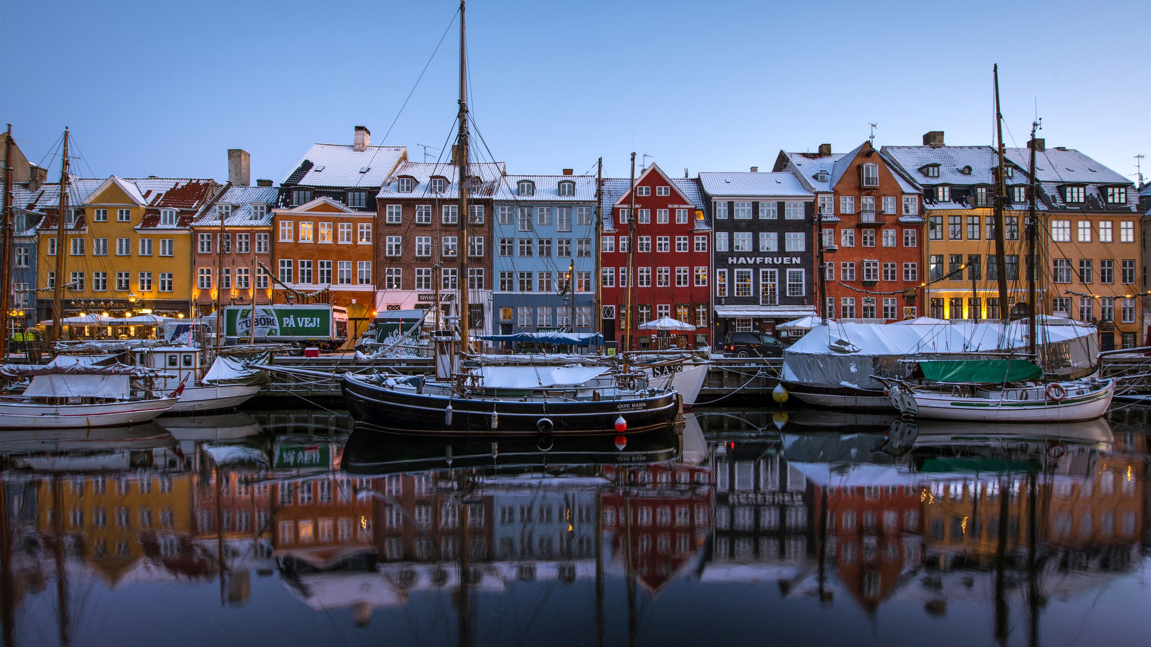 Wallpaper Copenhagen, Denmark, New Harbor, boats, houses, colors, snow, winter 5120x2880 UHD 5K Picture, Image