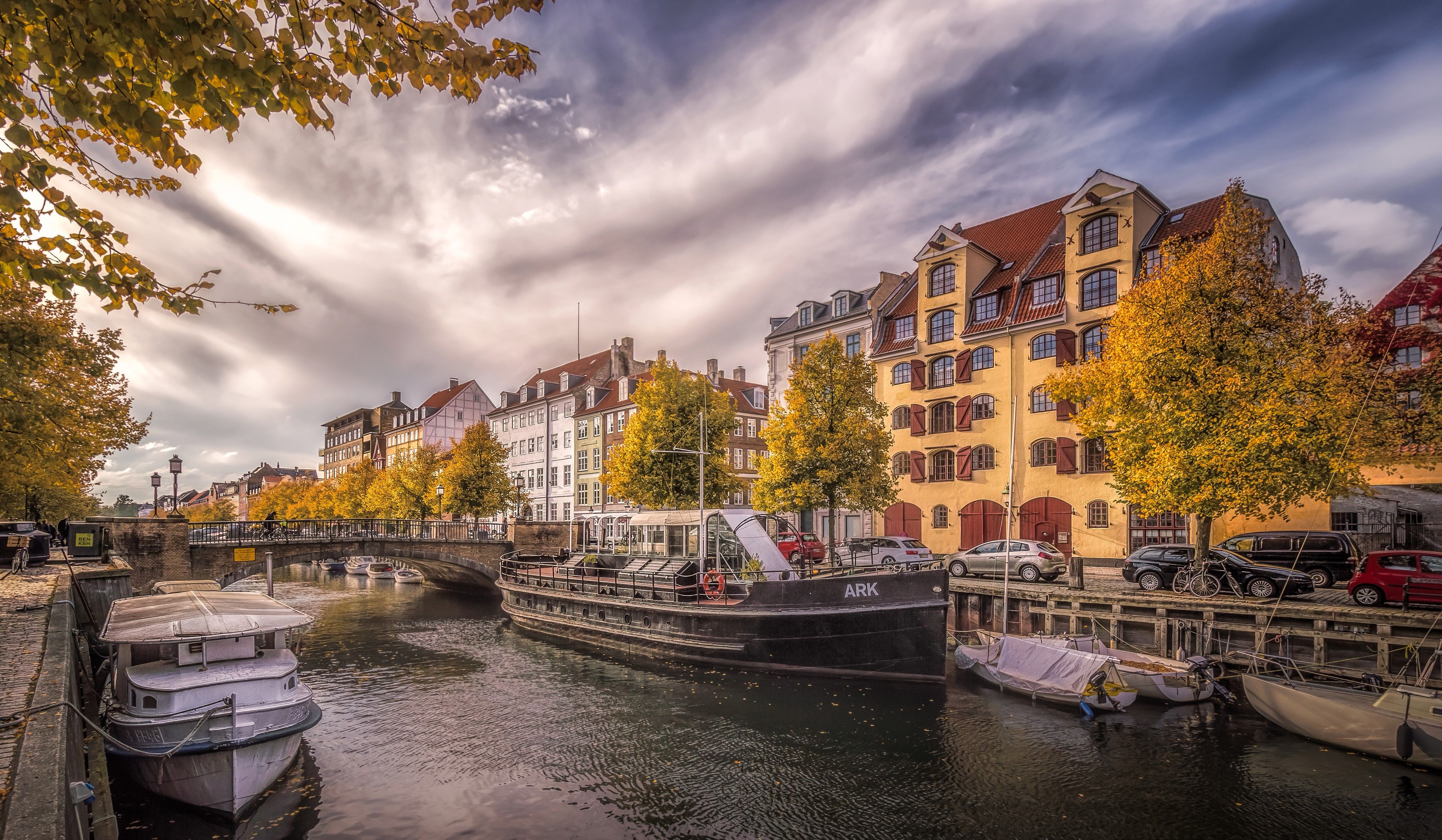 4K, Denmark, Houses, Marinas, Bridges, Autumn, Riverboat, Copenhagen, Canal. Mocah HD Wallpaper