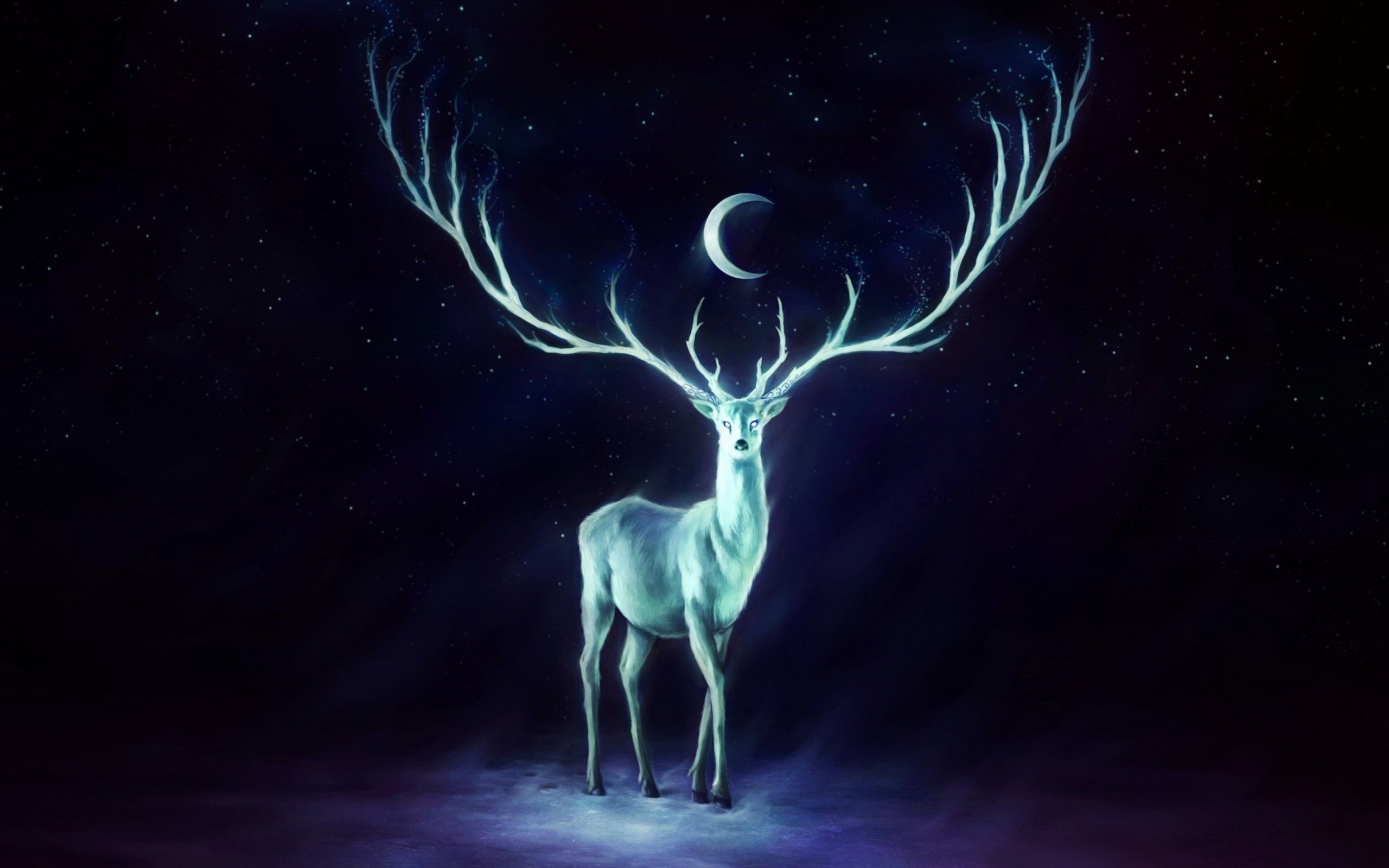 #deer, #animals, #fantasy art, #painting, #artwork, #stags, #antlers, #crescent moon, wallpaper. Mocah HD Wallpaper