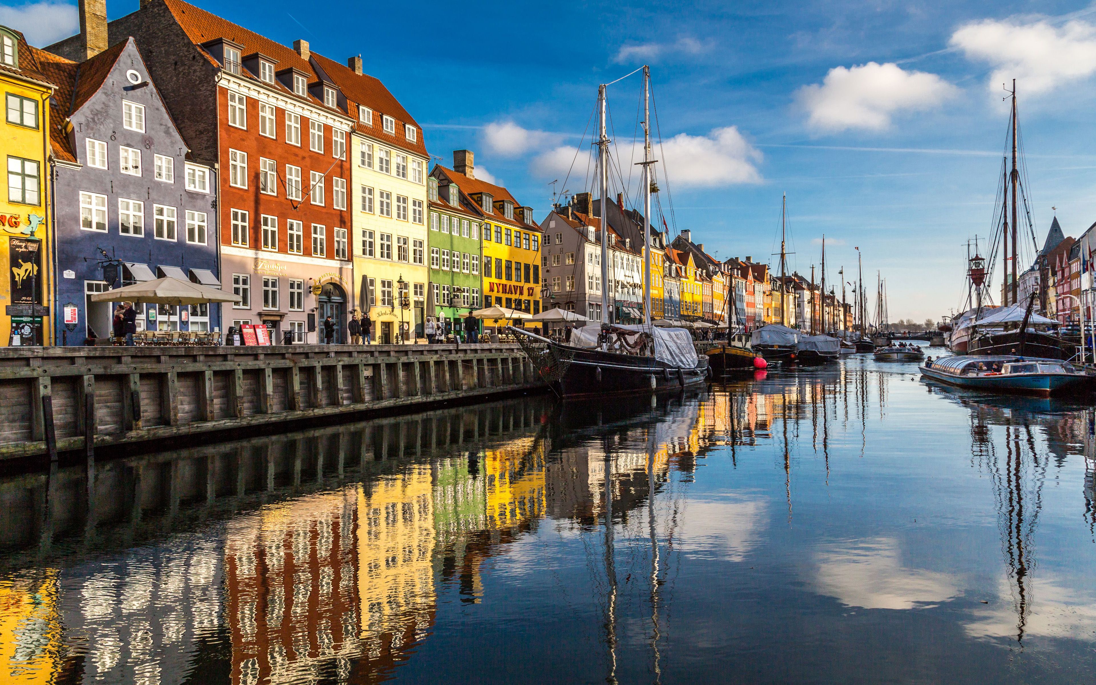Download wallpaper Copenhagen, 4k, Denmark, colorful houses, embankment, old ship for desktop with resolution 3840x2400. High Quality HD picture wallpaper