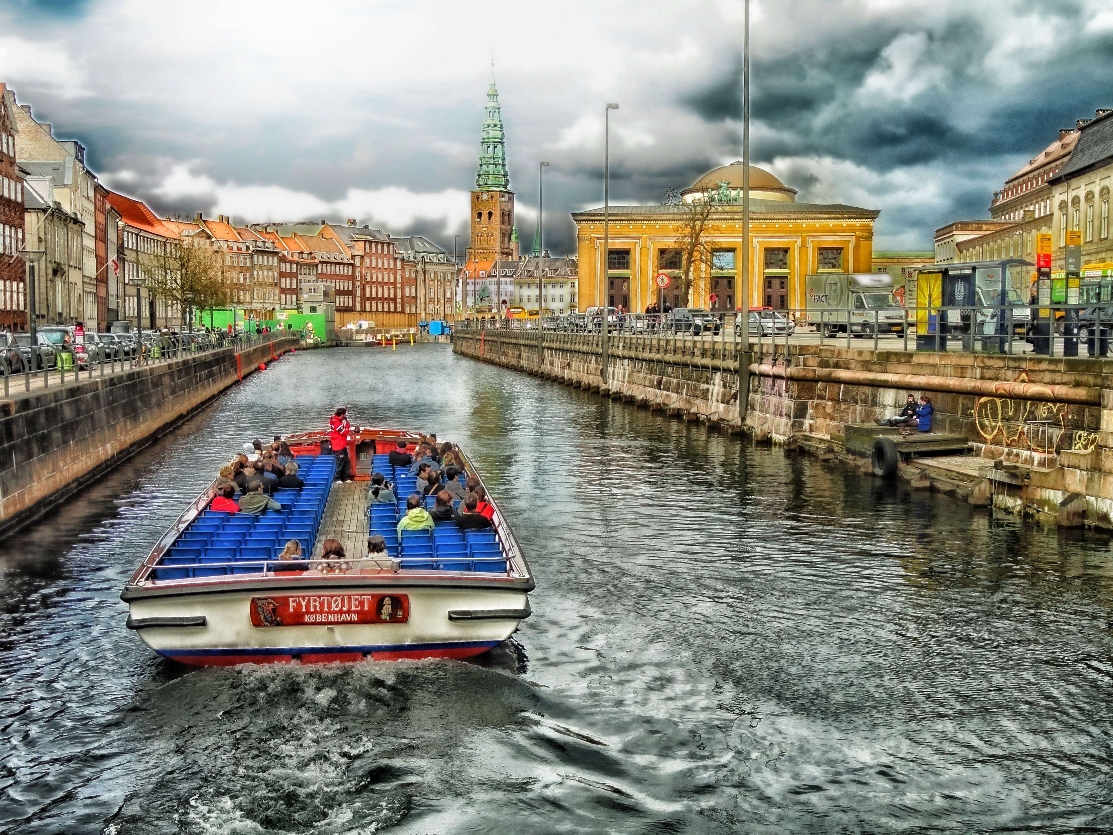 architecture, boat, buildings, canal, cities, city, clouds, copenhagen, denmark, hdr, royalty free, sky, tourists, urban, water 4k wallpaper