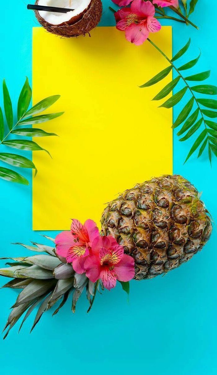 cute wallpaper, pineapple and coconut, pink flowers, yellow paper, green palm leaves. Cute wallpaper background, Cute wallpaper, Background girly