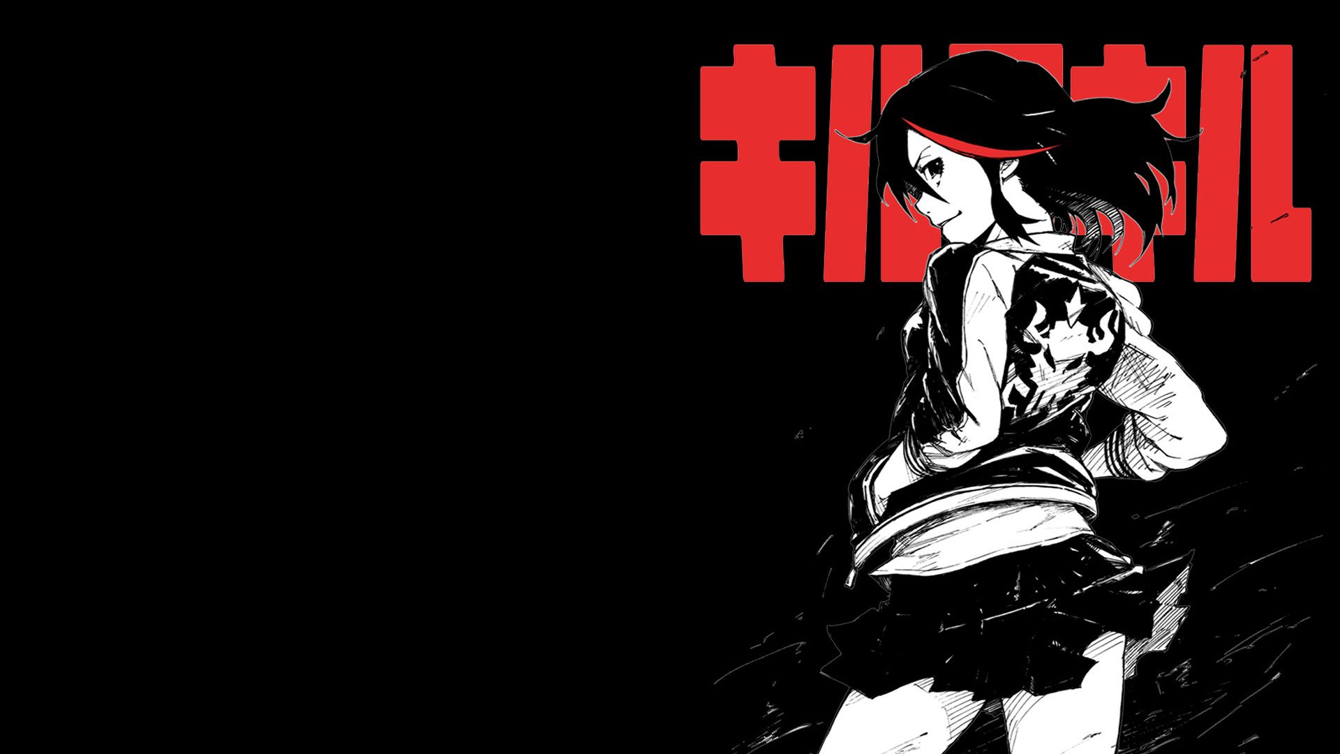 Wallpaper, illustration, anime girls, black hair, graphic design, Kill la Kill, Matoi Ryuuko, ART, darkness, graphics, 1920x1080 px, computer wallpaper, black and white, monochrome photography, fictional character, font, anime 1920x1080