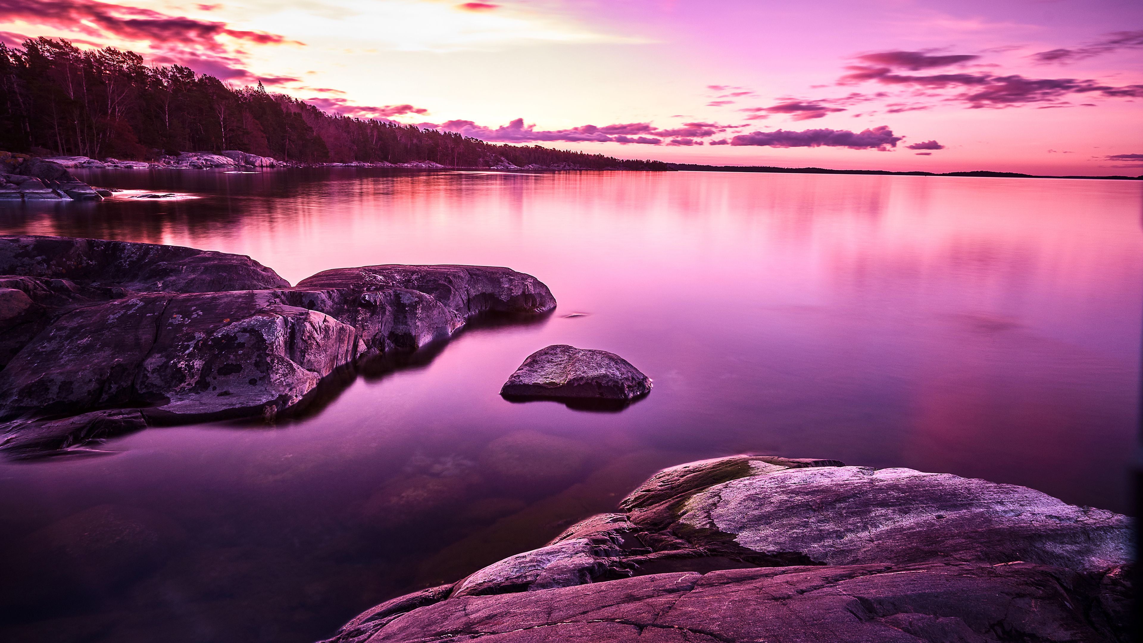 Sunset, Lake, Purple, Pink sky, Scenery, 4k Free deskk wallpaper, Ultra HD