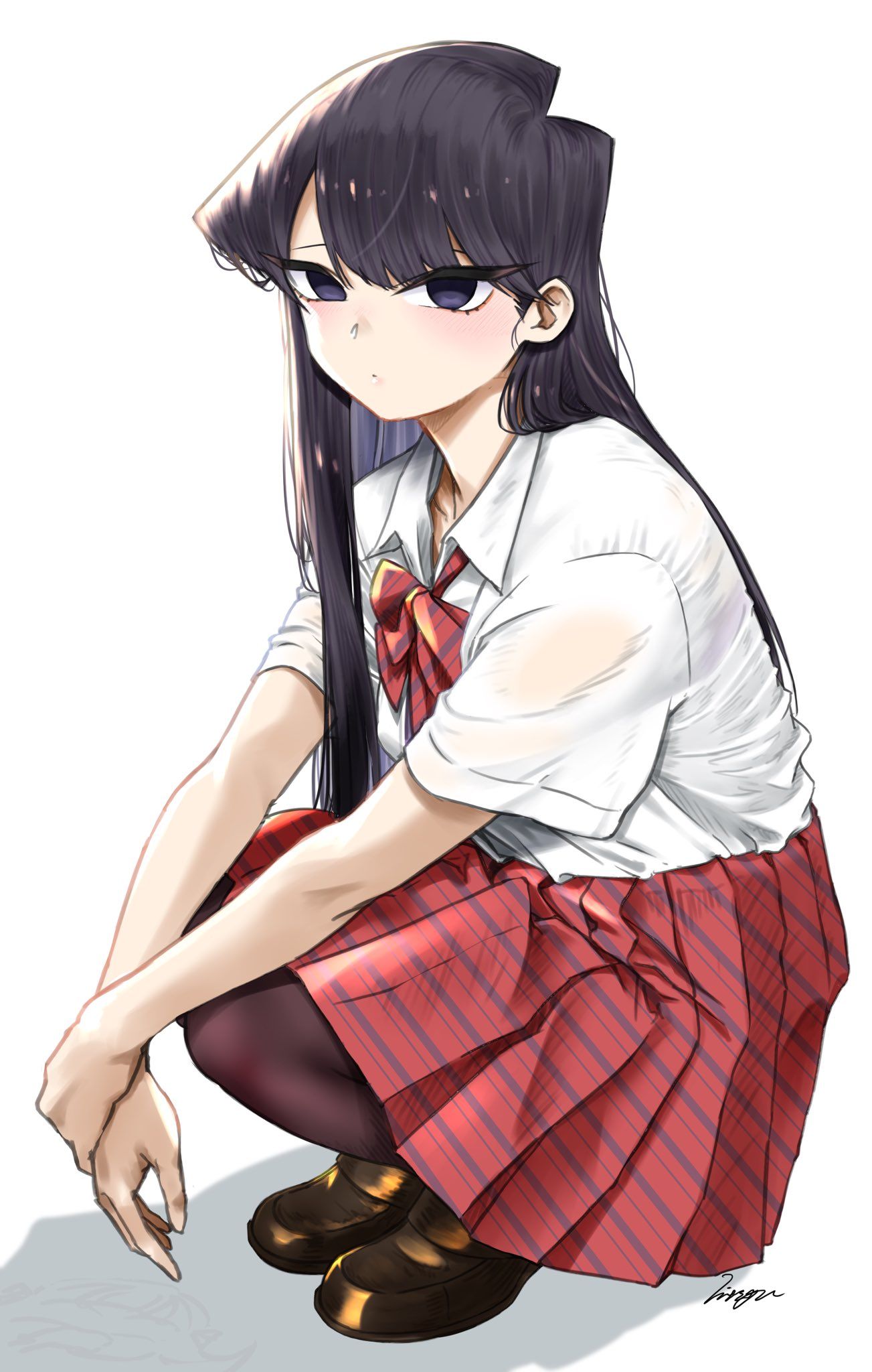 Wallpaper, Komi san wa Comyushou desu, anime girls, pantyhose, school uniform, JK, thighs, small boobs, blushing, long hair, black hair, Komi Shouko, looking at viewer, see through clothing, 2D, simple background