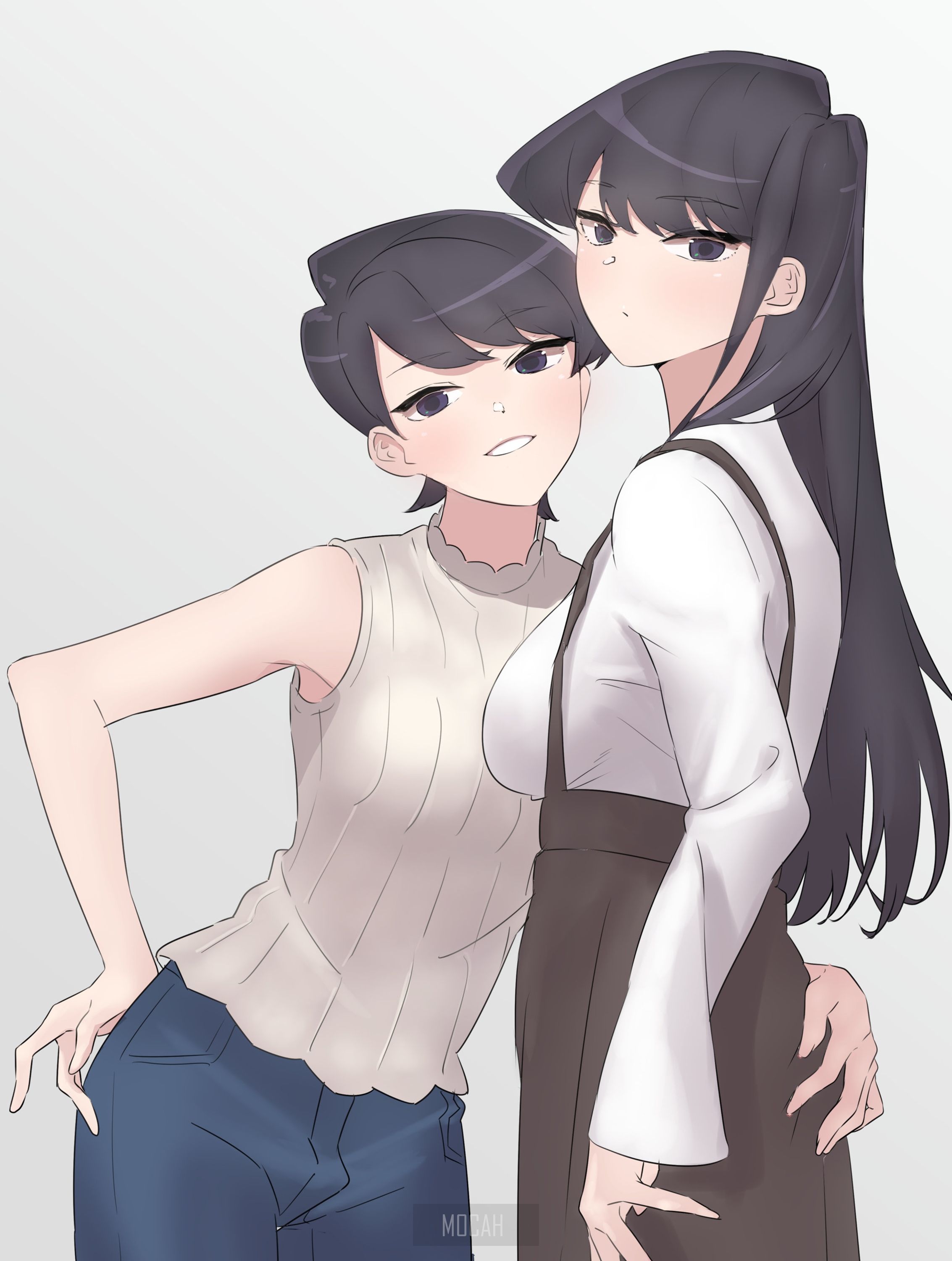 Komi San Wa, Comyushou Desu., Anime Girl, Long Hair, Short Hair, Black Hair, Curvy, Smiling, Blushing, Black Eyes, Komi Shouko, Komi Shuuko, Armpits, Fan Art, Anime Full HD Wallpaper, 2266x3000