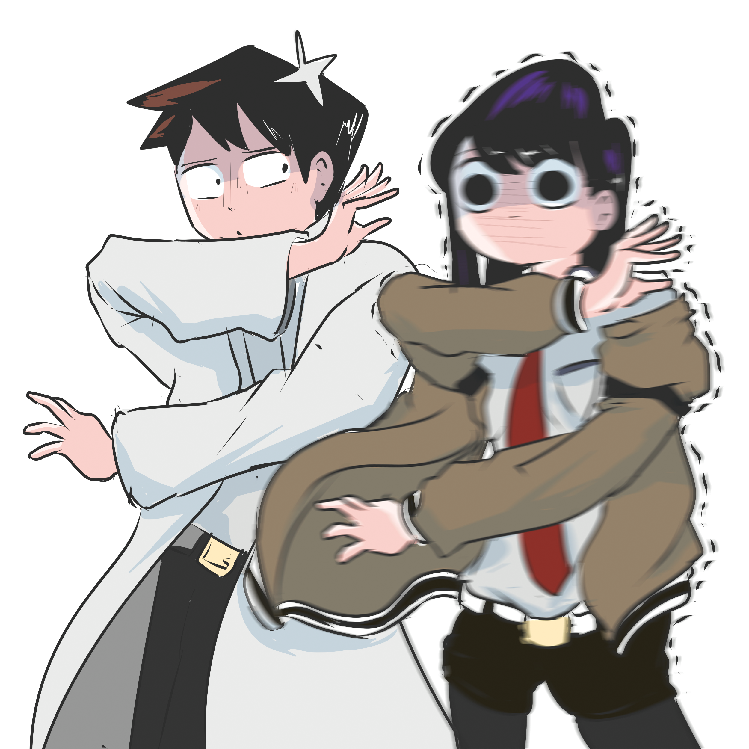 Wallpaper / Komi San Wa, Comyushou Desu., Crossover, Steins;Gate, Anime Girls, Anime Boys, Thighs, Small Boobs, Pantyhose, Long Hair, Short Hair, 2D, Brown Jacket, Lab Coats, Black Hair, Brunette, Black Eyes