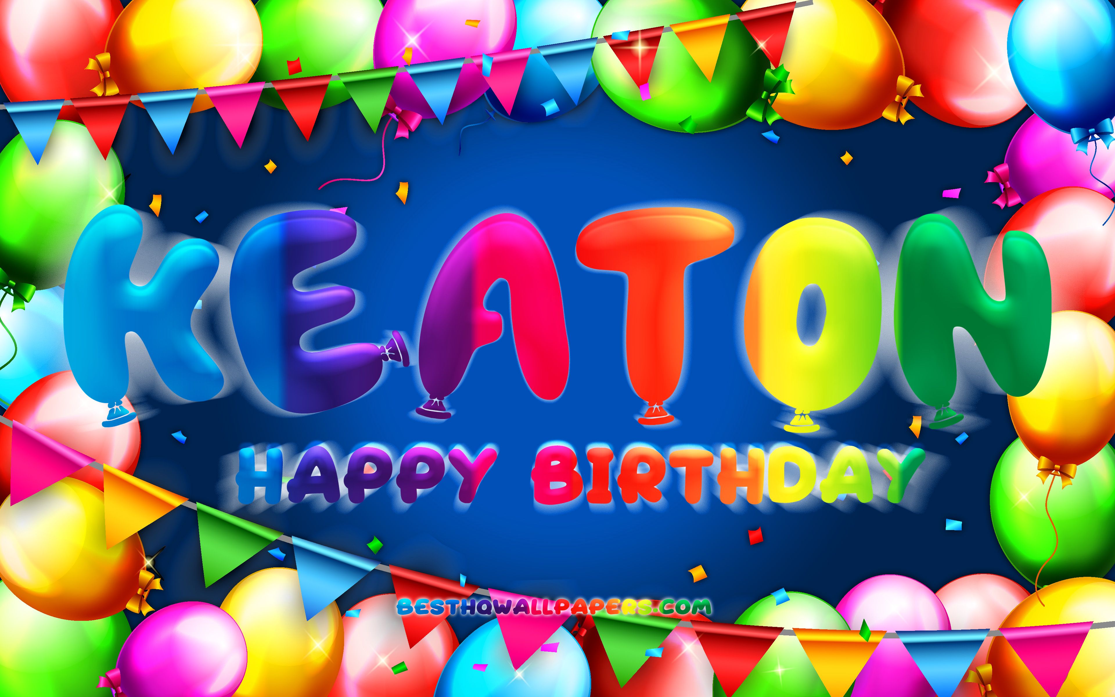 Download wallpaper Happy Birthday Keaton, 4k, colorful balloon frame, Keaton name, blue background, Keaton Happy Birthday, Keaton Birthday, popular american male names, Birthday concept, Keaton for desktop with resolution 3840x2400. High Quality
