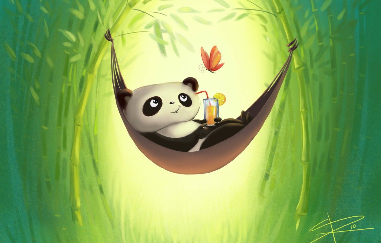 Wallpaper stay, butterfly, figure, bamboo, hammock, Panda, drink image for desktop, section разное