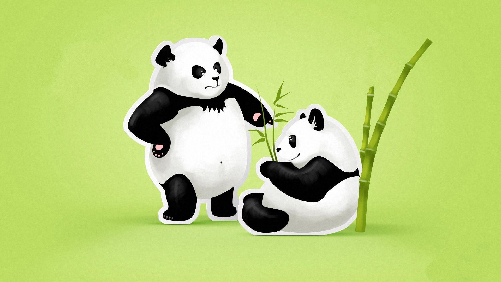 Cute Panda With Bamboo And Green Background Artistic