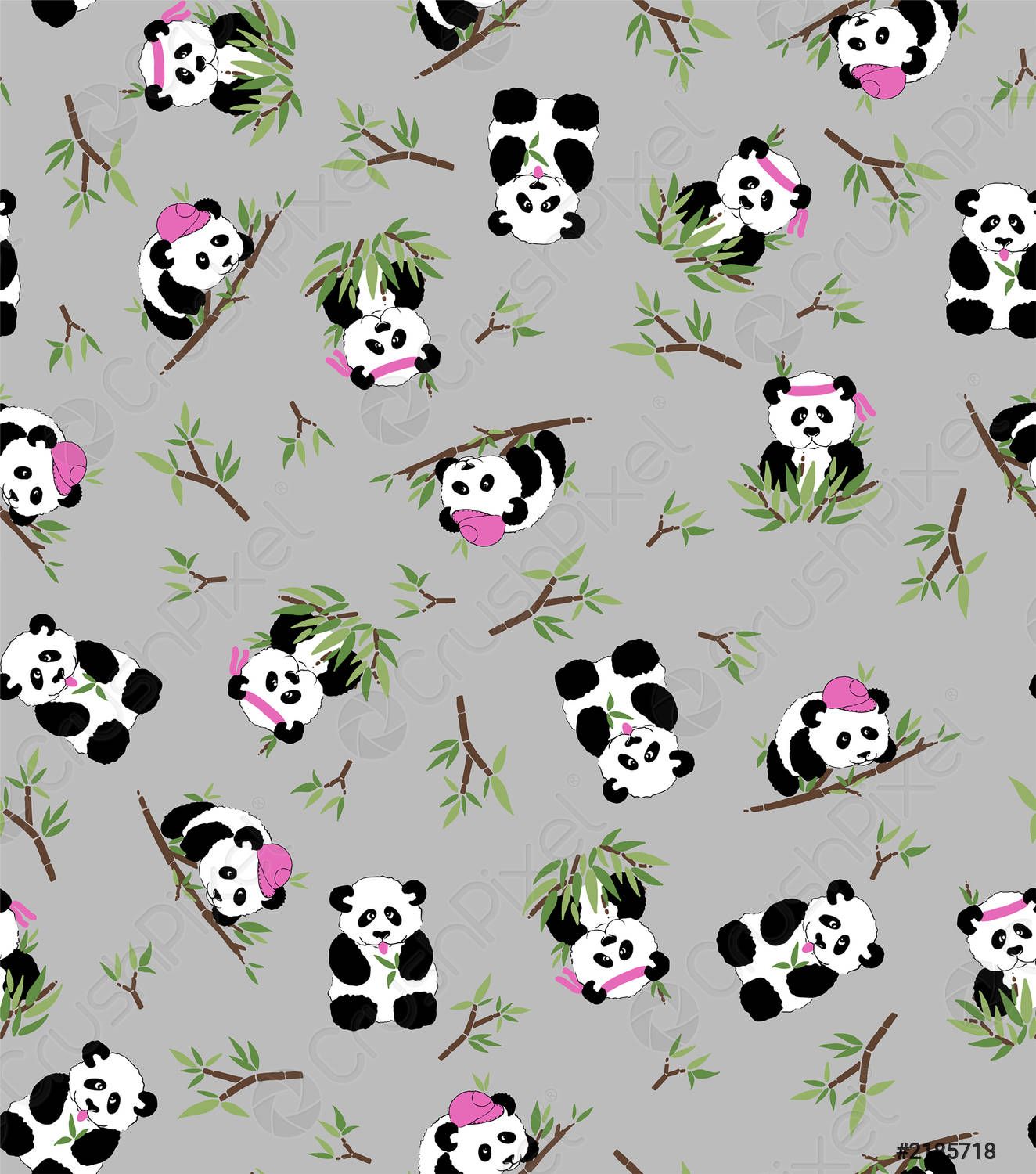 Panda and bamboo, grey background Vector seamless pattern, postcards