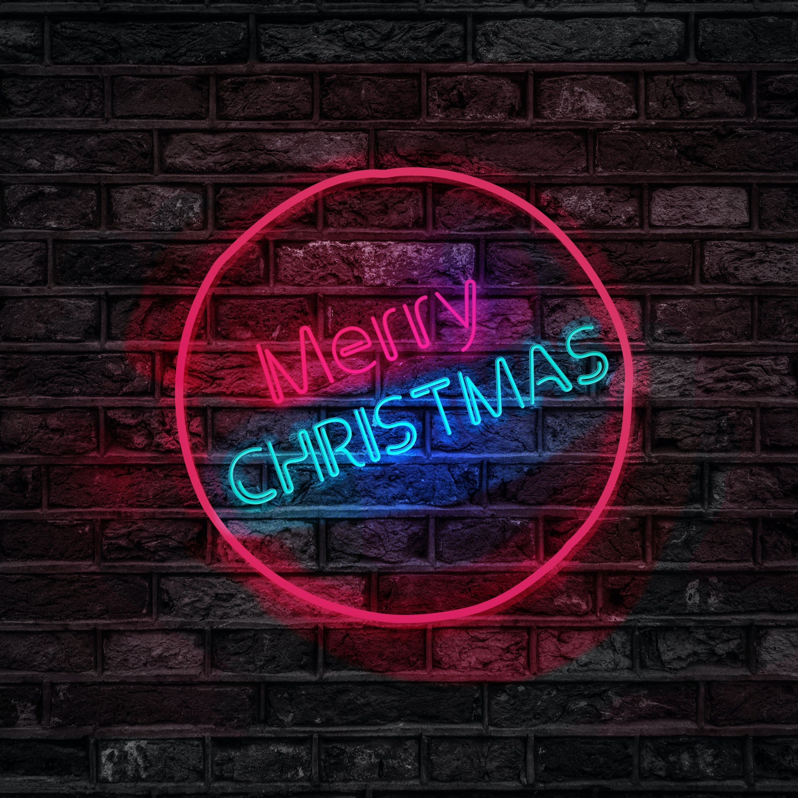 Merry Christmas 4K Wallpaper, Neon, Brick Wall, Dark, Colorful, Neon Sign, 5K, Celebrations Christmas
