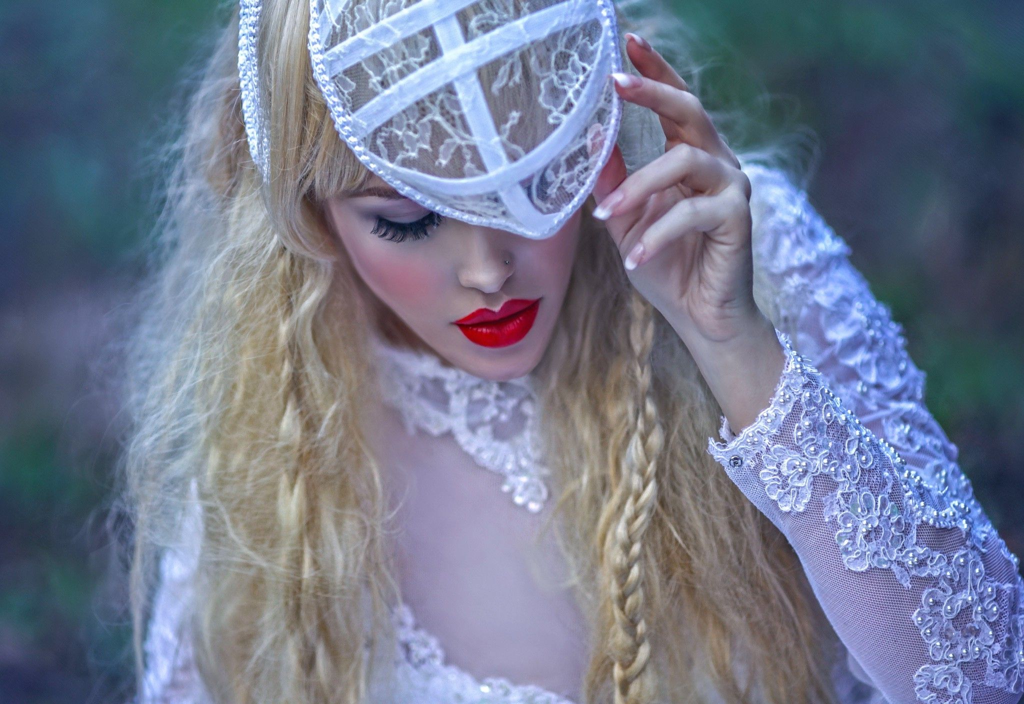 Wallpaper, women, model, fantasy art, mask, dress, fashion, Toy, spring, beauty, season, eye, lady, blond, photo shoot, 2048x1408 px 2048x1408