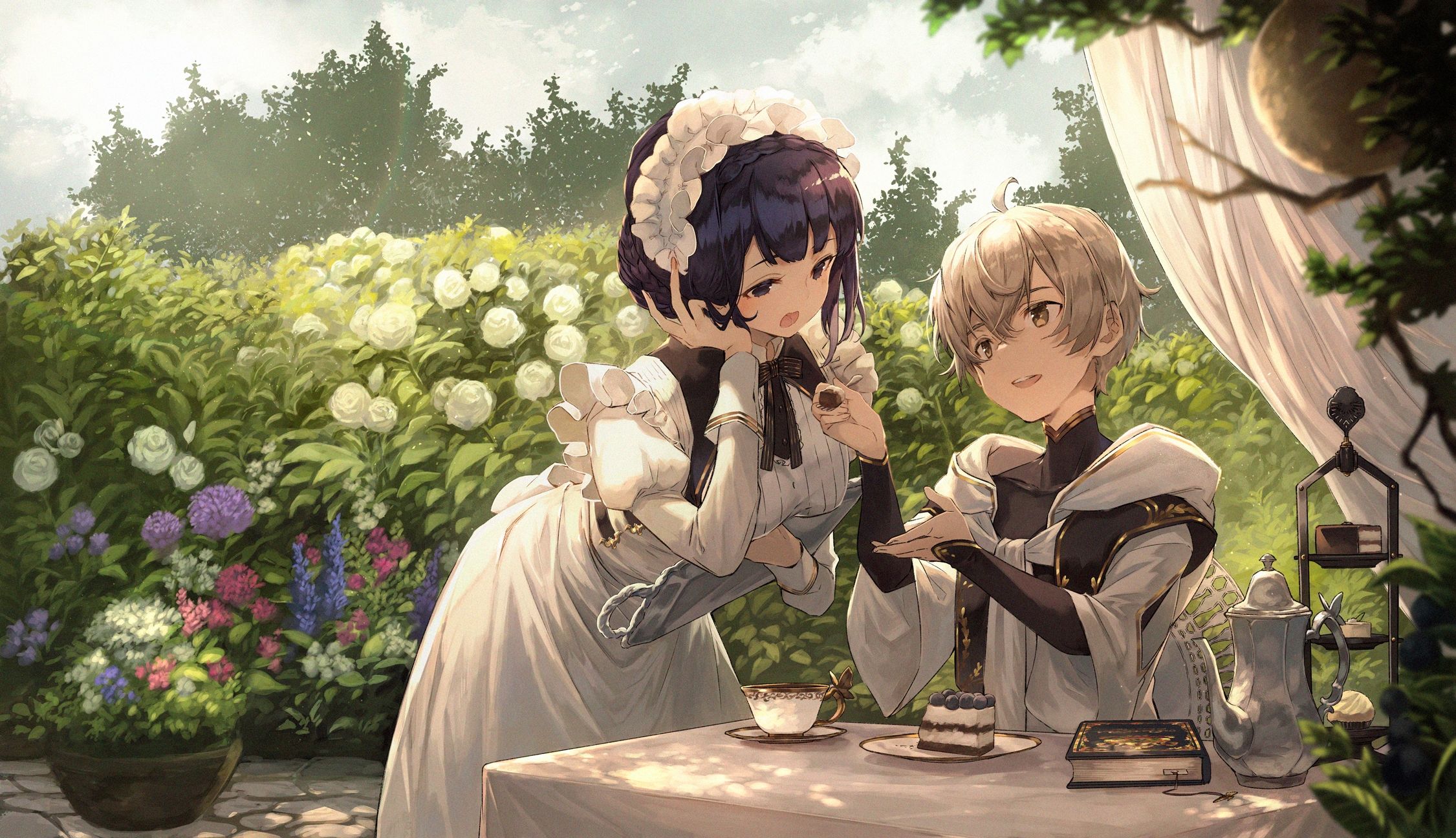 Download 2251x1296 Anime Boy And Maid, Cute, Desert, Romantic, Maid Outfit, Cake Wallpaper