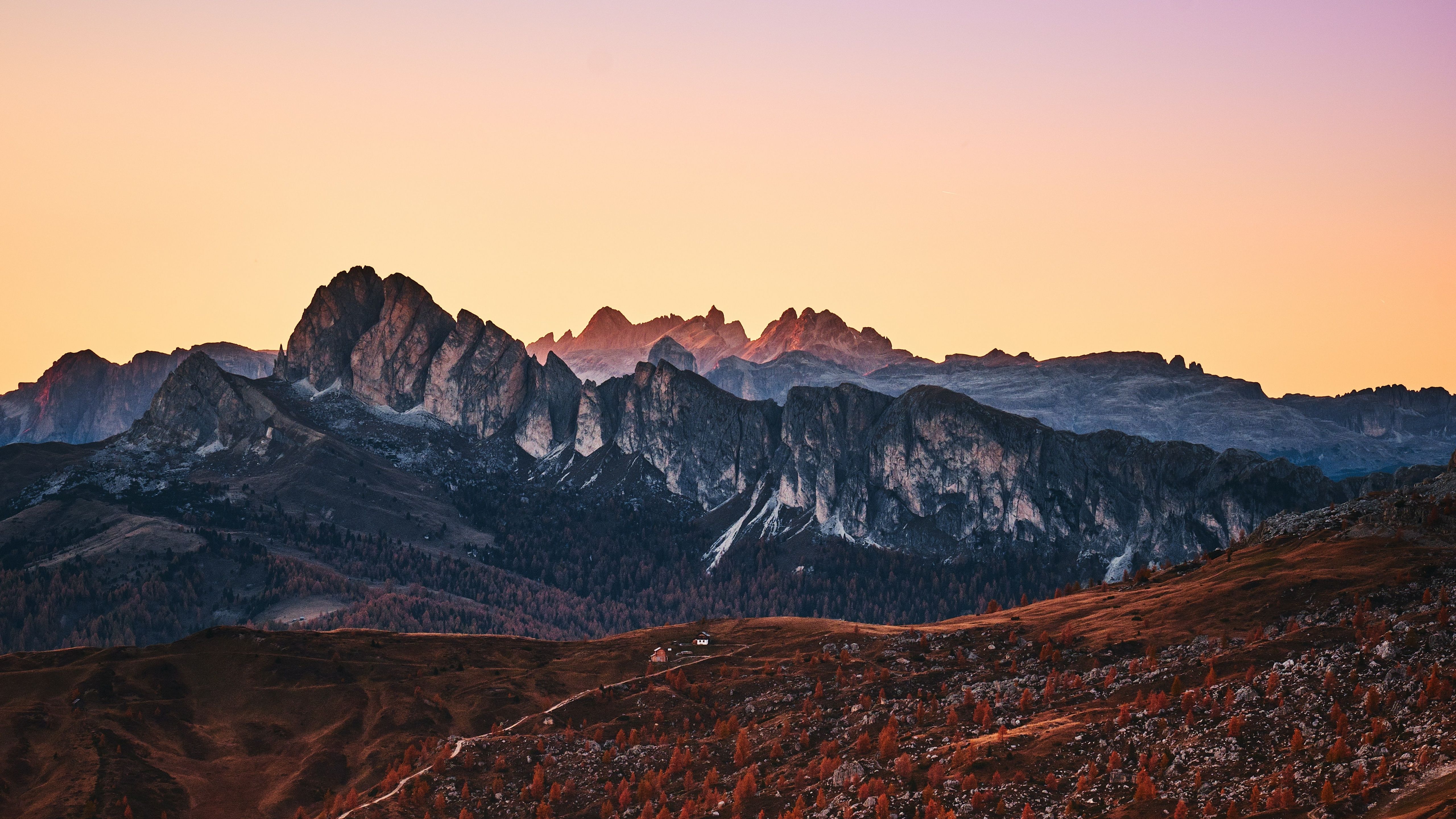 Giau Pass 4K Wallpaper, Mountain range, Dolomites, Sunset, Landscape, Dawn, Italy, 5K, Nature