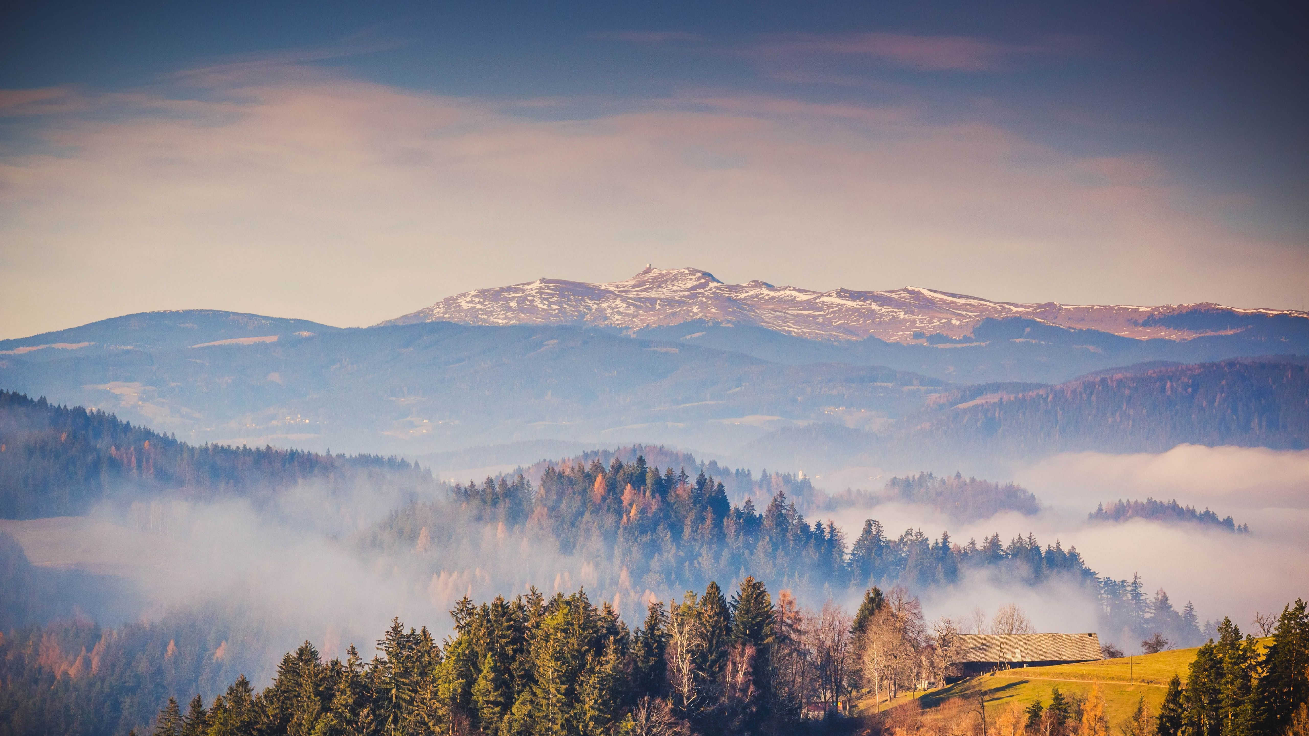 Kamnik Alps 4K Wallpaper, Mountain range, Forest, Mountains, Landscape, Mist, Mountains, Travel, Nature