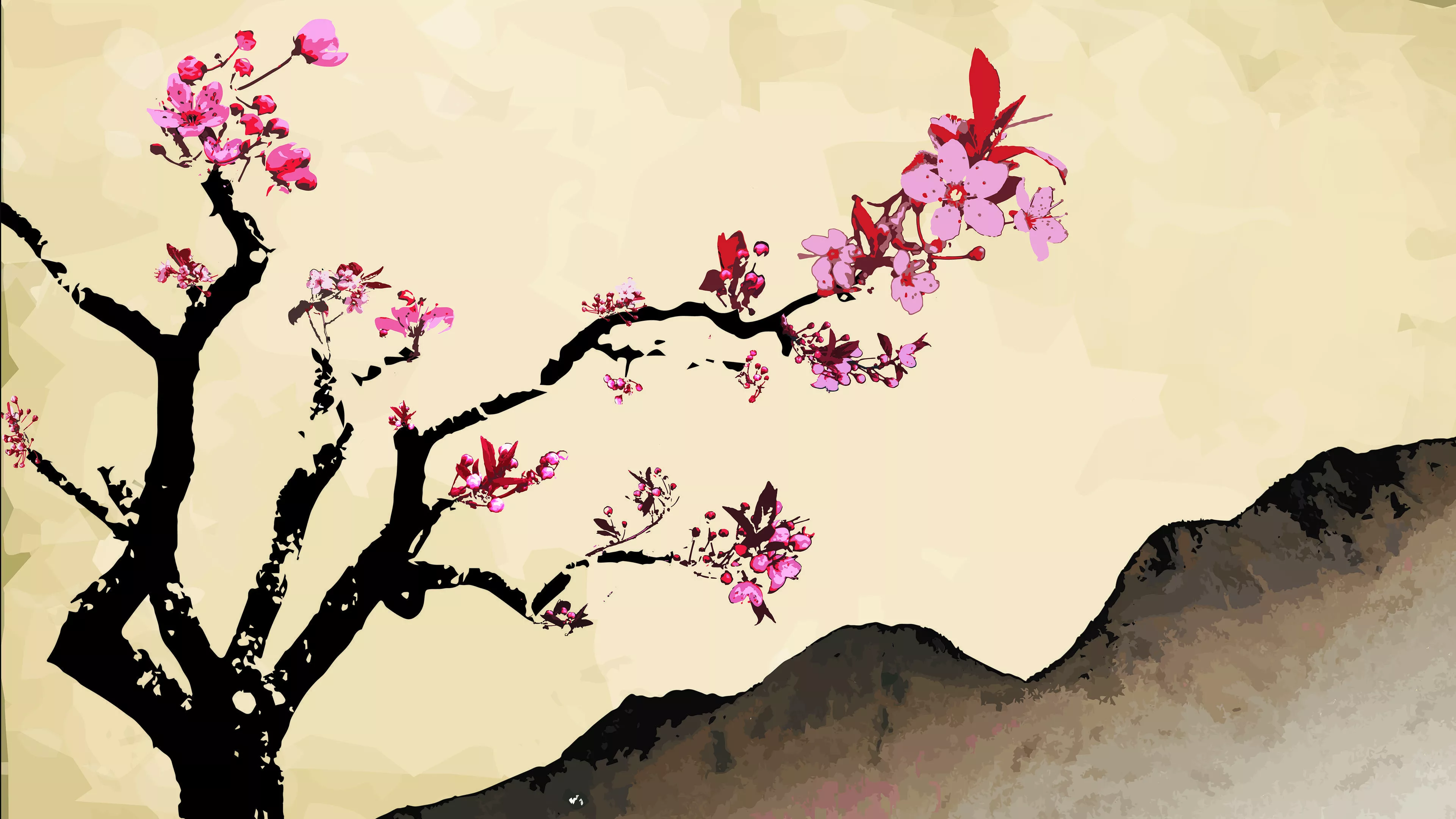 Wallpaper, samurai, Japanese Art, trees, pink flowers, artwork 3842x2160