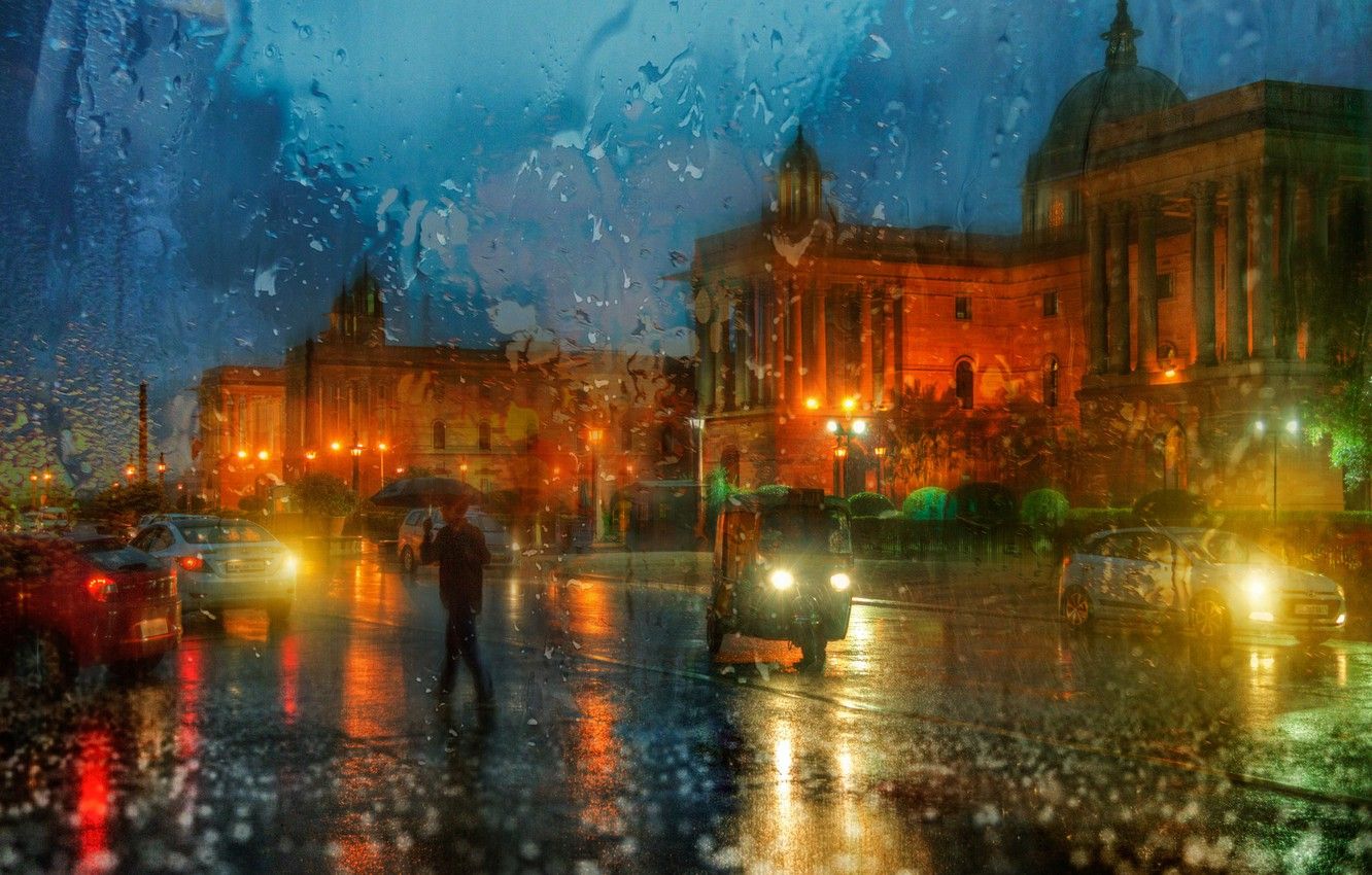 Wallpaper rain, umbrella, India, passerby, Delhi, the rain image for desktop, section город