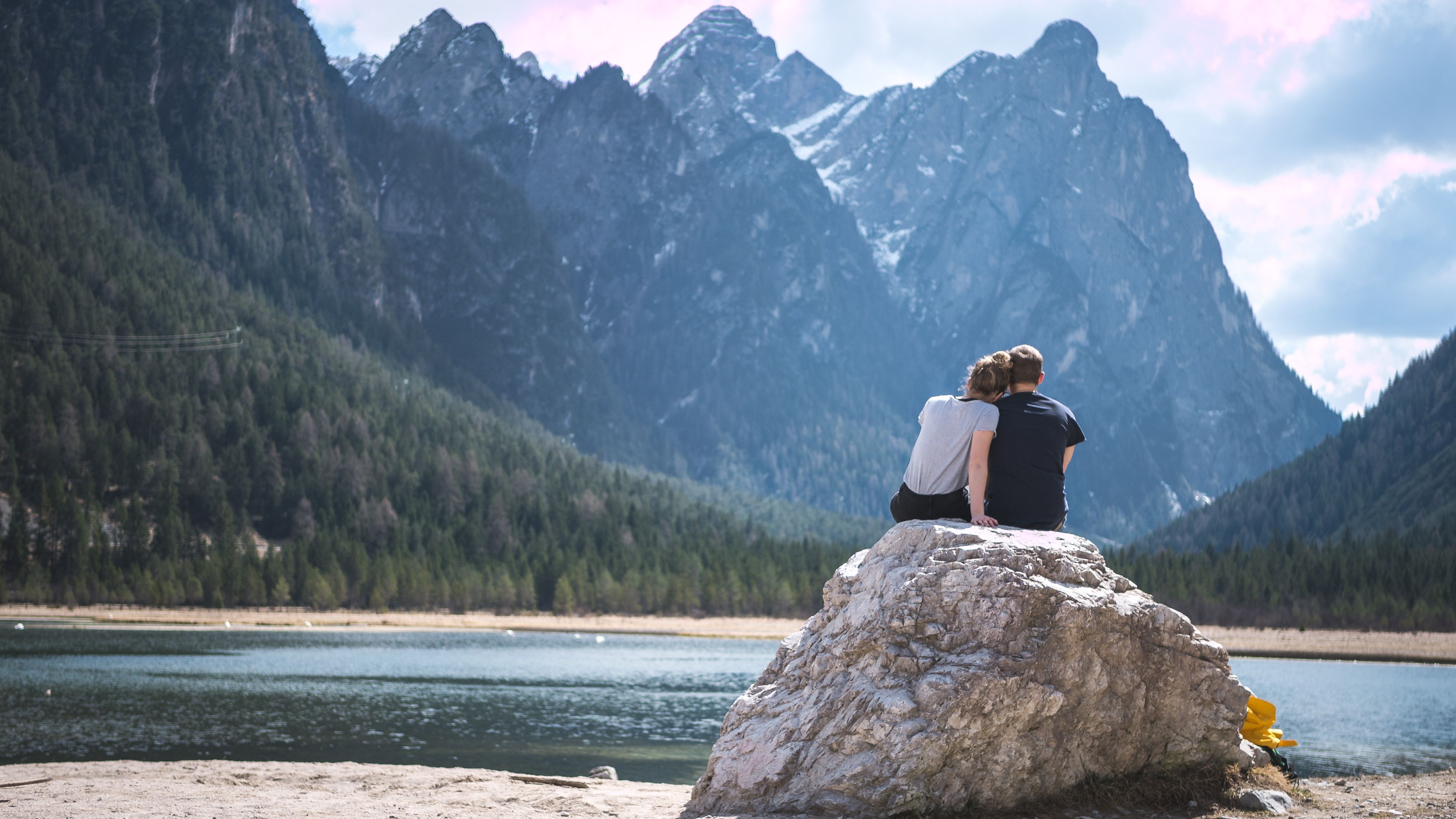 4428x2492 #together, #Free , #forest, #romantic, #wilderness, #mountain, #embrace, #rock, #tree, #togetherness, #mountain peak, #sitting, #landscape, #romance, #lake, #love, #expressive, #warmth, #close, #couple, #nature HD